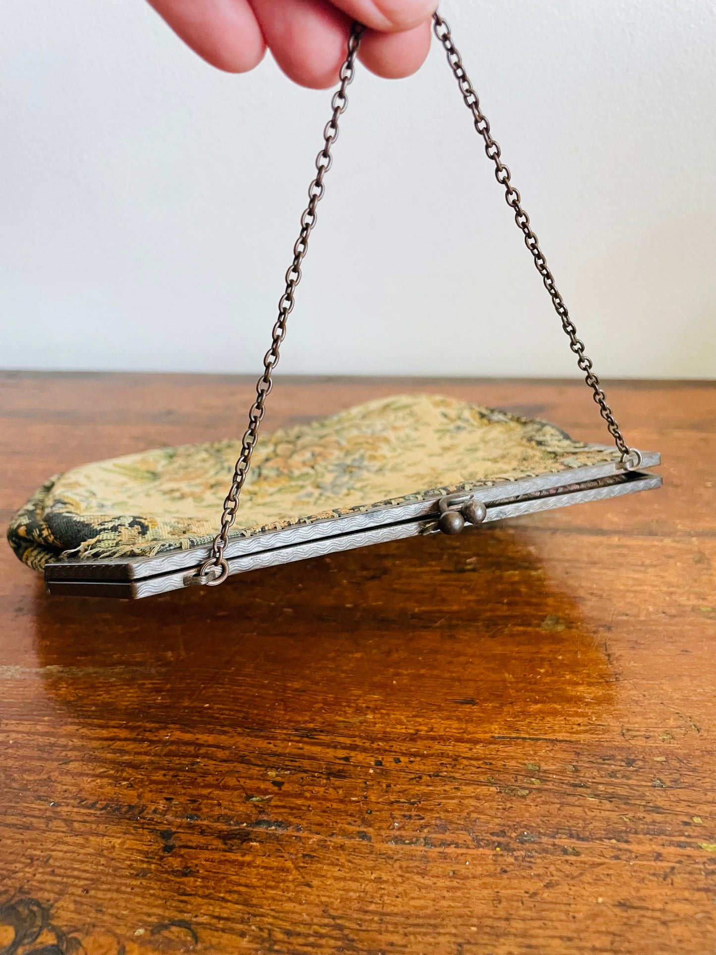 Antique French Floral Tapestry Clutch Purse on Chain - Made in France