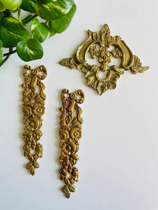 Vintage Brass Gold Metal Wall or Furniture Mount Decorative Applique Embellishment Pieces with Flowers, Ribbons & Scrollwork - Set of 3