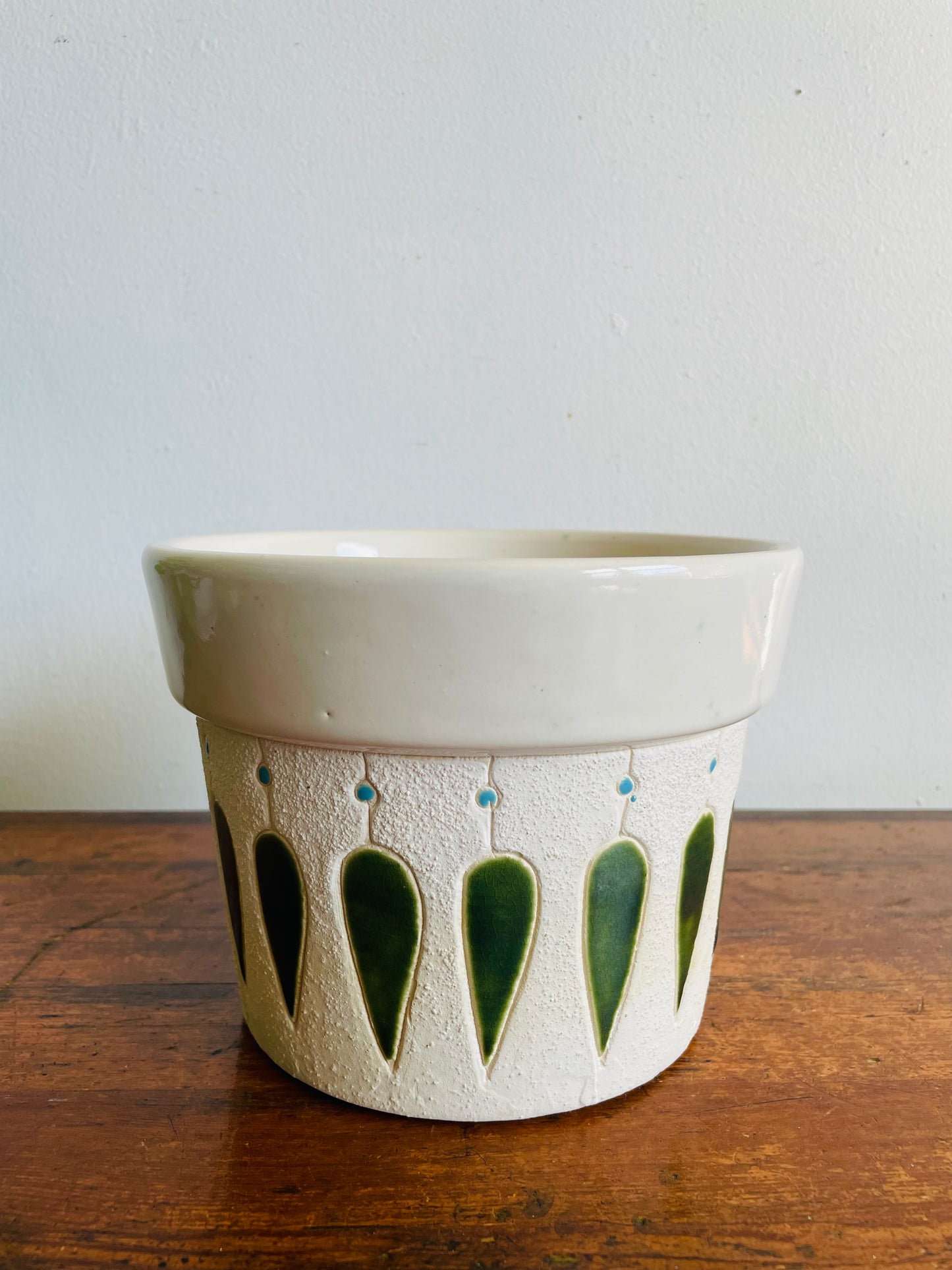 Vintage Mid-Century Modern 7" Textured White Planter Pot with Green & Blue Design