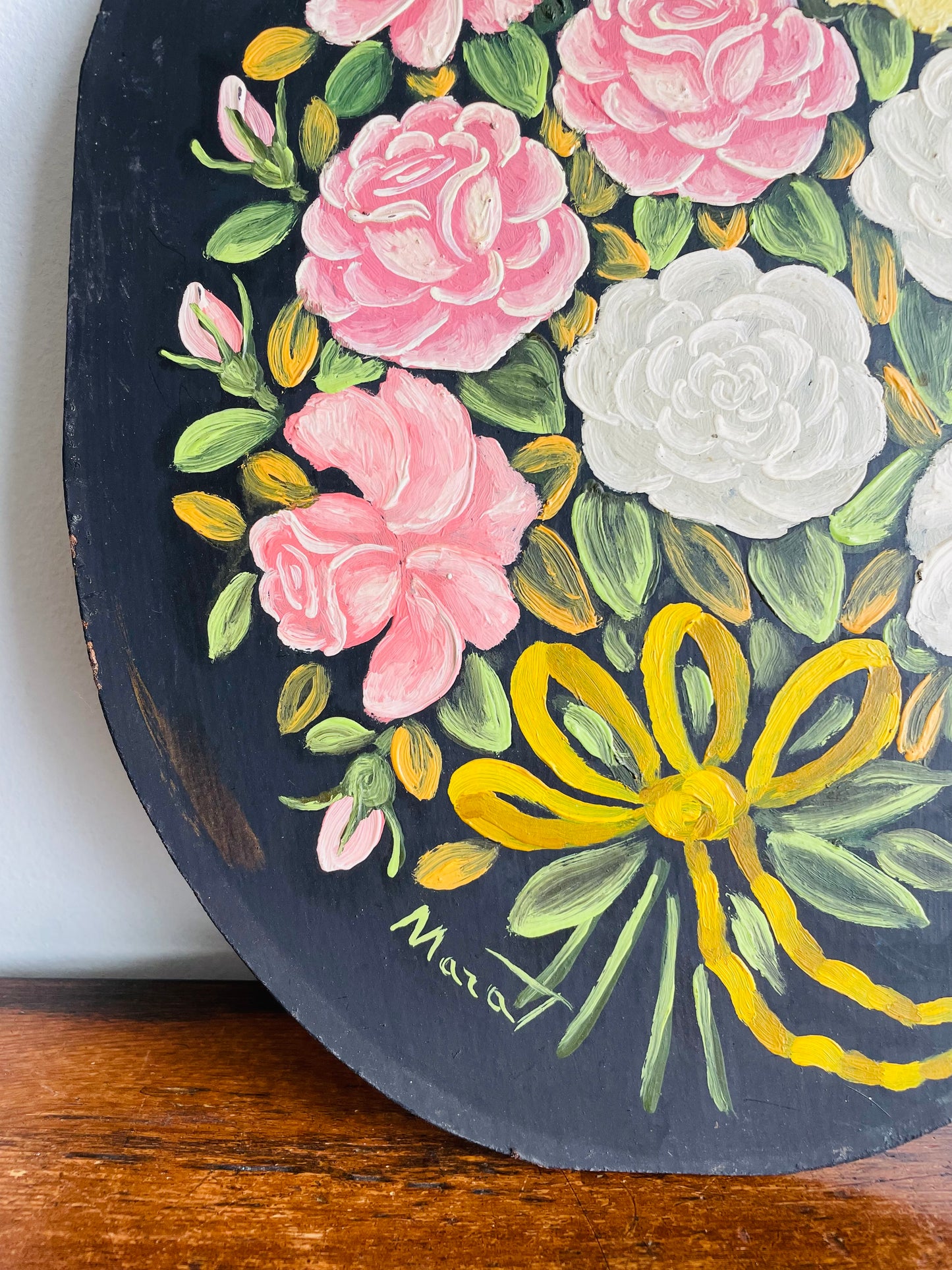 Original Art Oval Painting of Flower Bouquet - Signed by Artist - Found in Lisbon, Portugal