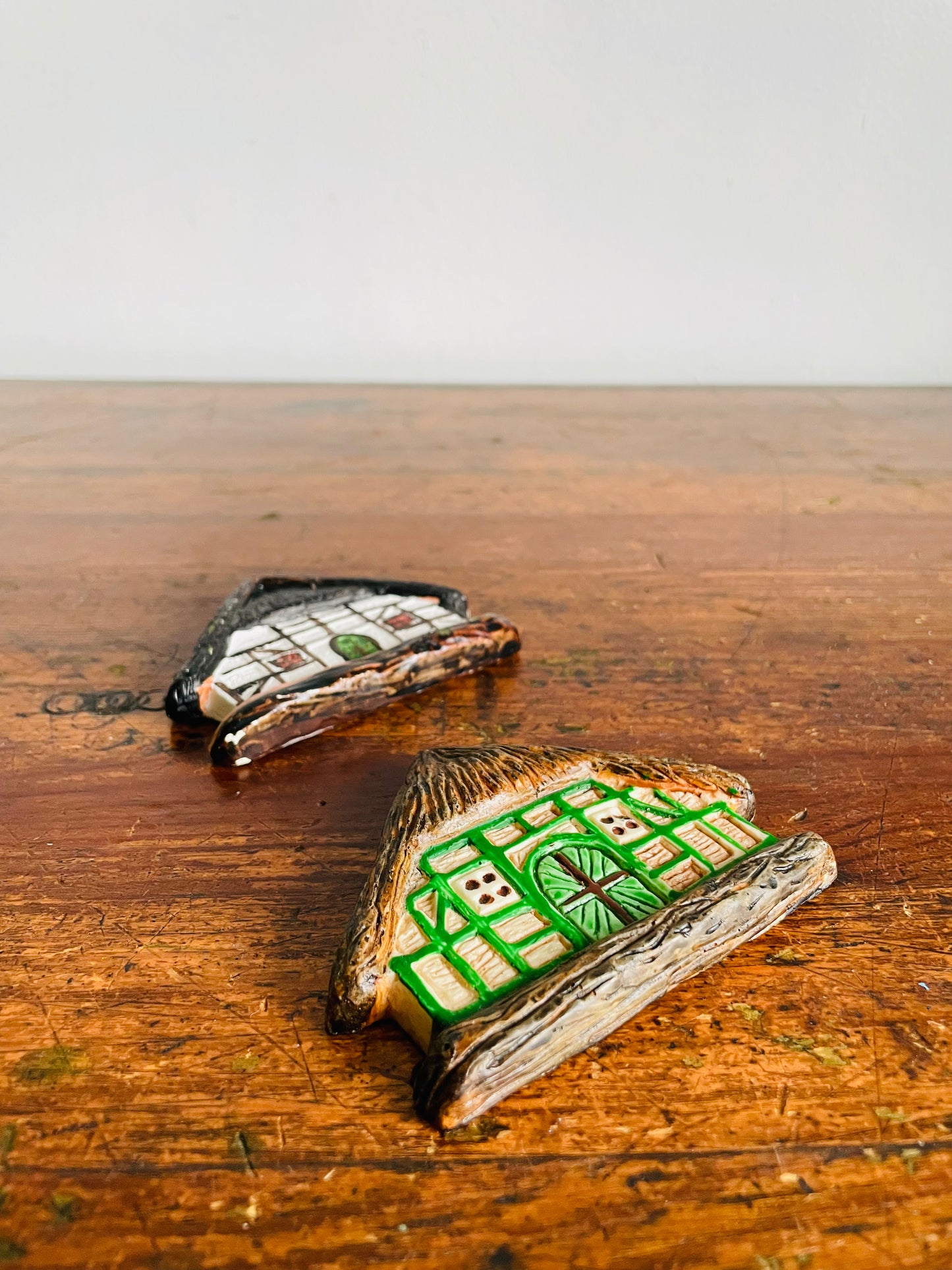 Vintage Adorable Mini Hand-Painted Plaster Thatched Roof Cottage Houses - Can Hang or Lean - Set of 2