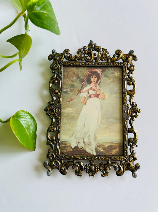 Vintage Ornate Brass Picture Frame with Print of Pinkie (Sarah Moulton) by Sir Thomas Lawrence - Made in Italy
