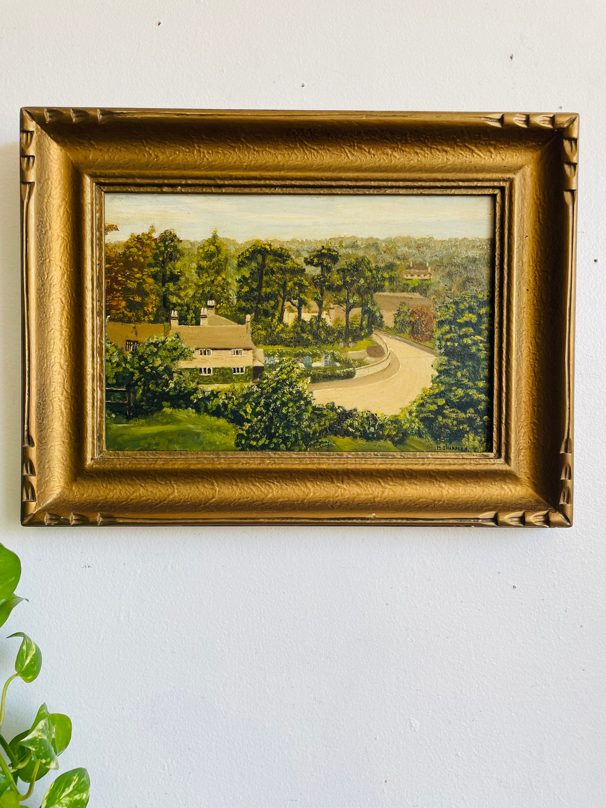 Vintage Original Art Painting in Gold Frame - English Country Scene with House & Trees on Winding Road - Artist Signed M. Sharples - Image Recreated from a Postcard