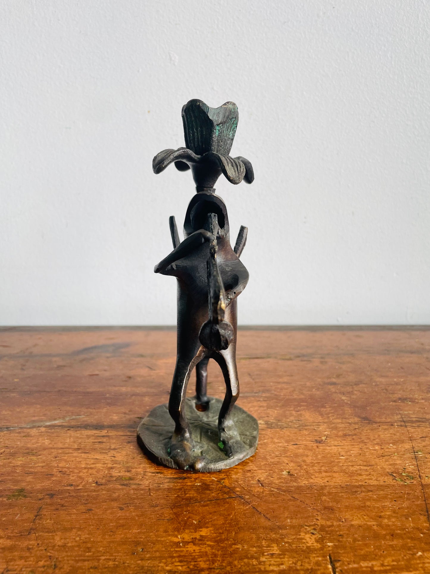 Vintage Solid Bronze Brass Trumpet Playing Frog Musician on Lily Pad with Flower Candle Holder