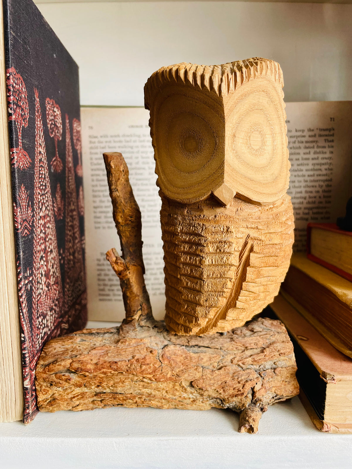 Vintage Hand-Carved Wood Owl Bird on Natural Branch Base - Signed by Canadian Woodcarving Artist Norman Peterson - Made in Canada