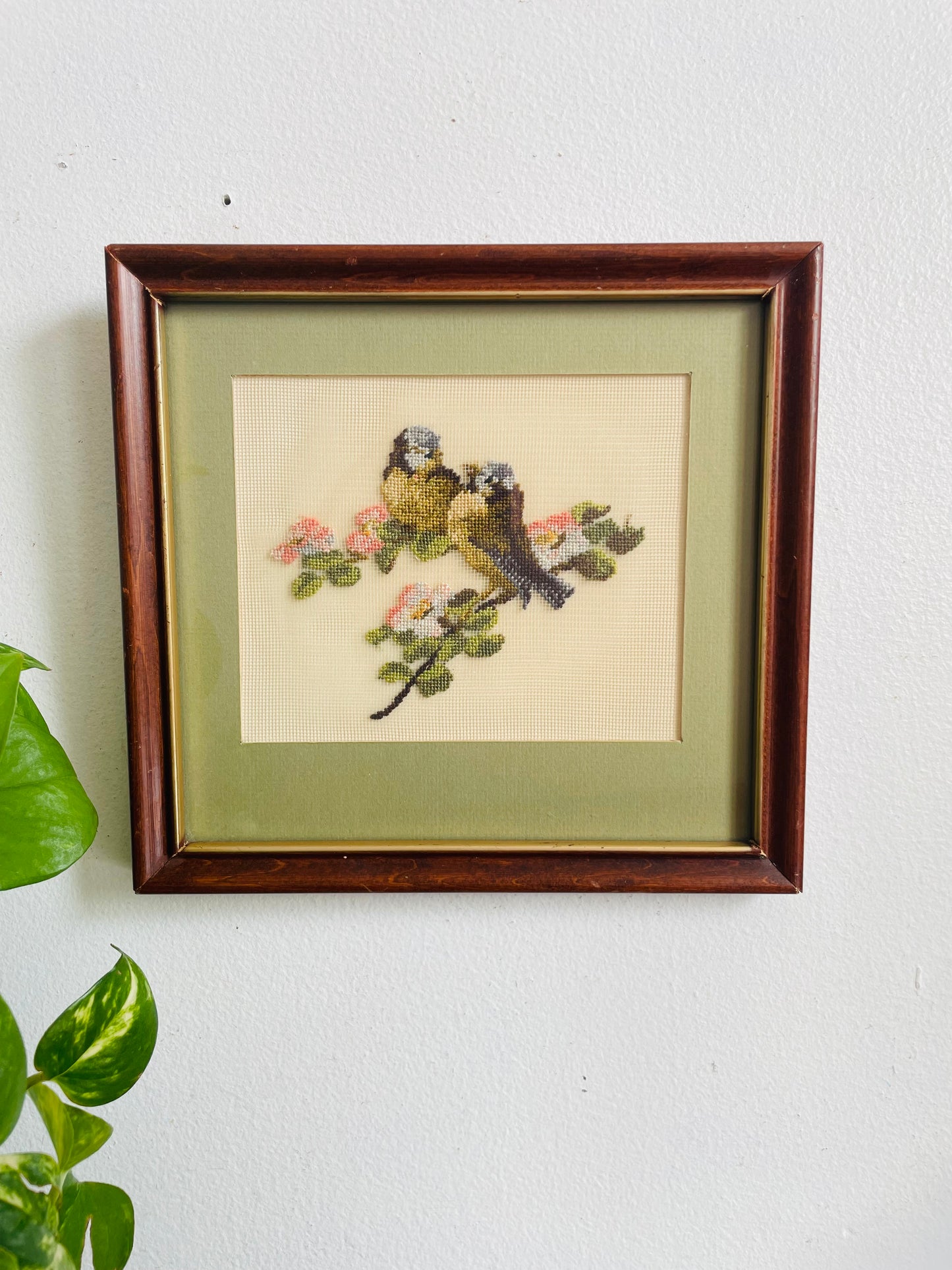 Vintage Petit Point Embroidery Picture of Two Birds on Branch with Flower Blossoms & Sage Green Mat