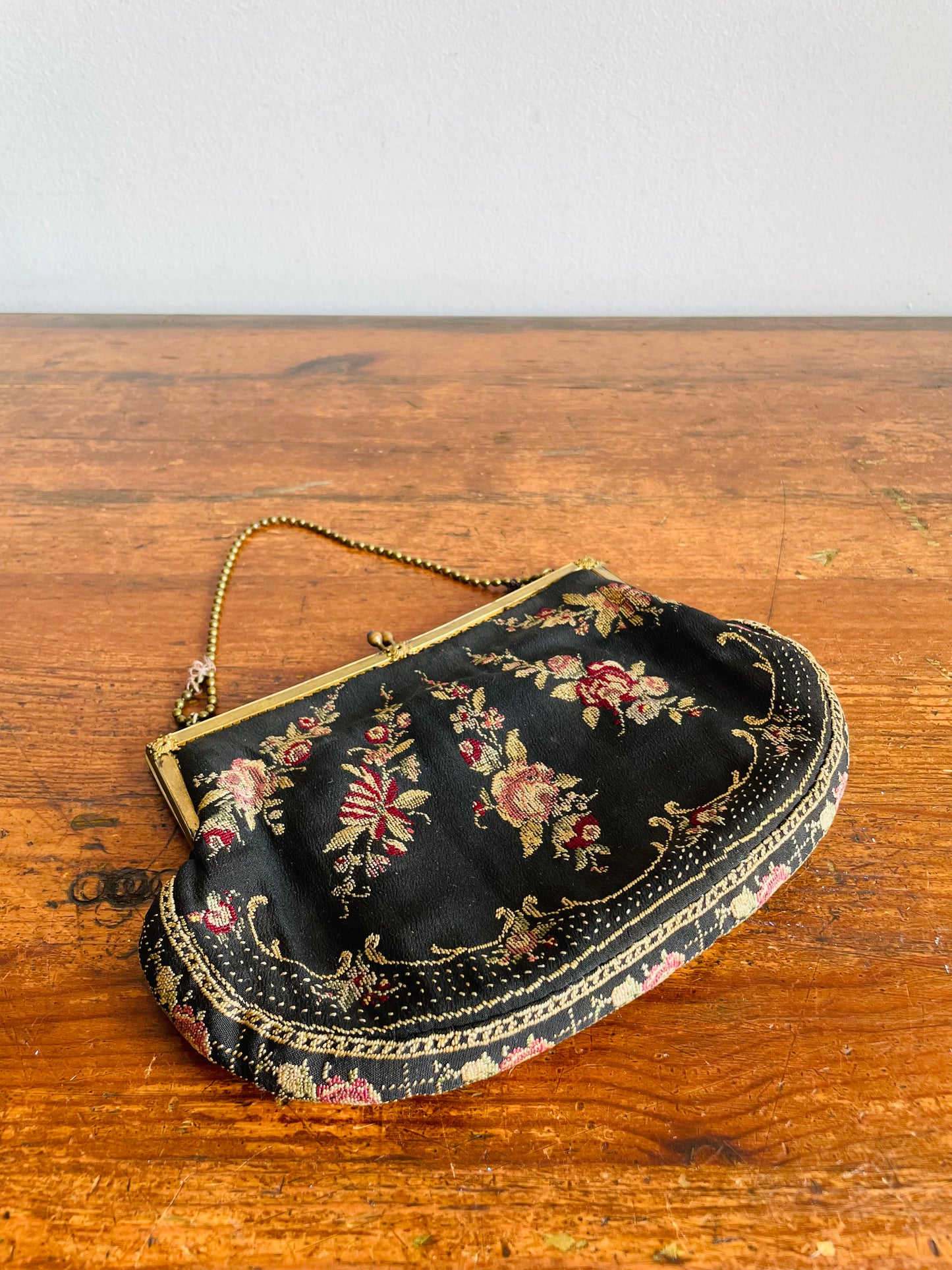 Delicate 1920s Black Evening Bag Purse on Brass Chain with Floral Petit Point Embroidery - Has Attached Coin Purse Inside
