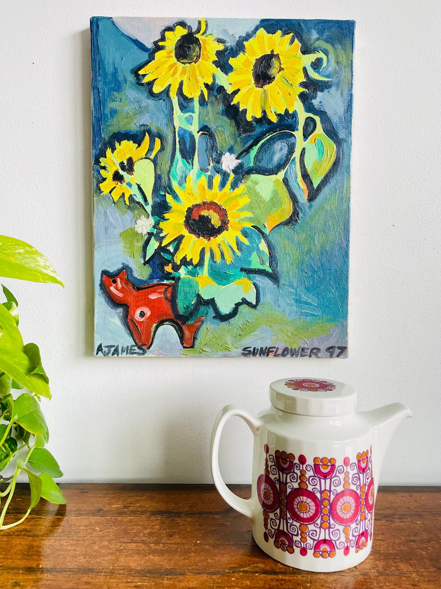 Vintage 1997 Sunflower Garden & Cat Abstract Original Art Painting on Canvas - Artist Signed A. James