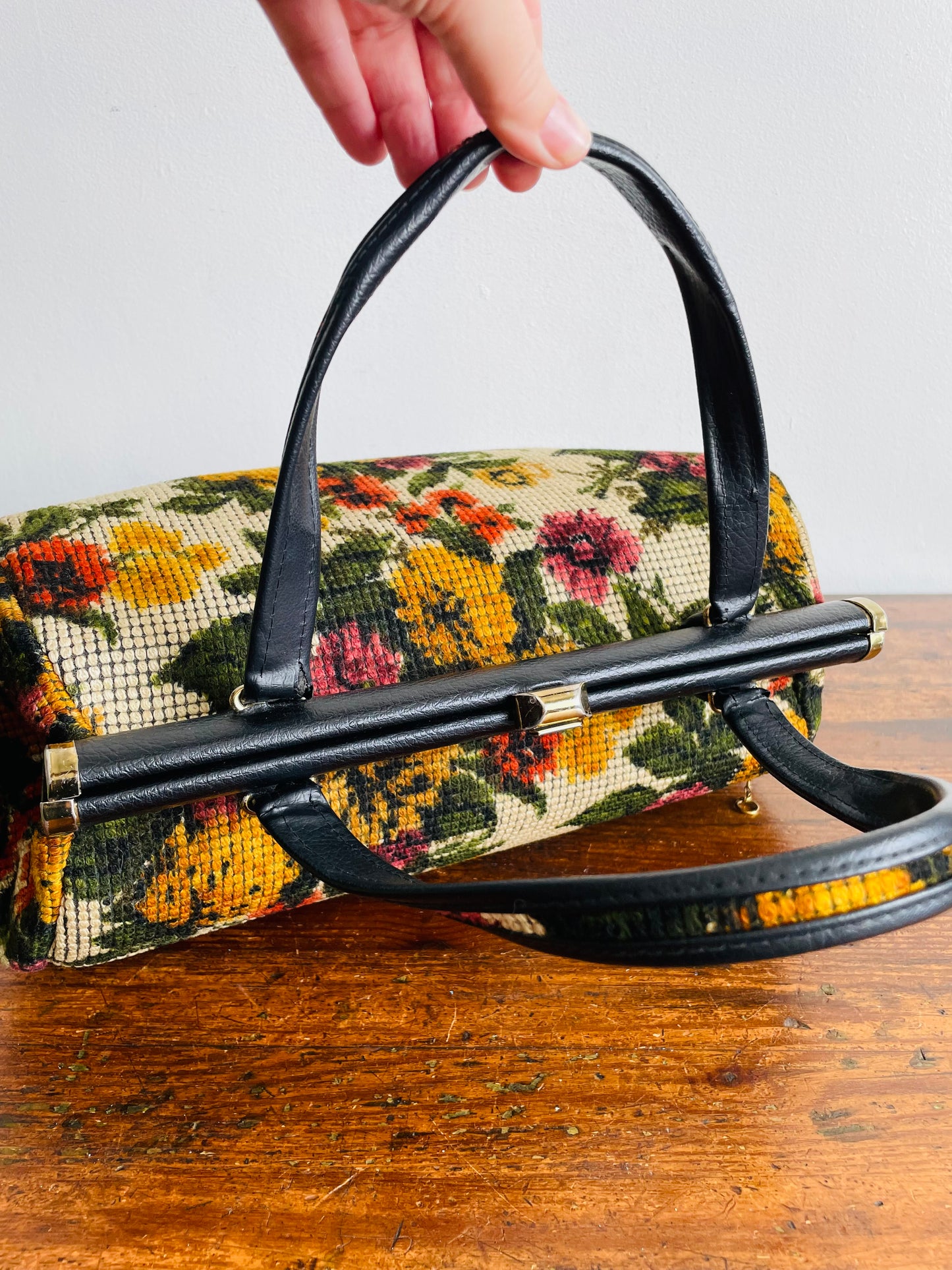 JR USA Floral Carpet Tapestry Bag Purse with Black & Brass Details