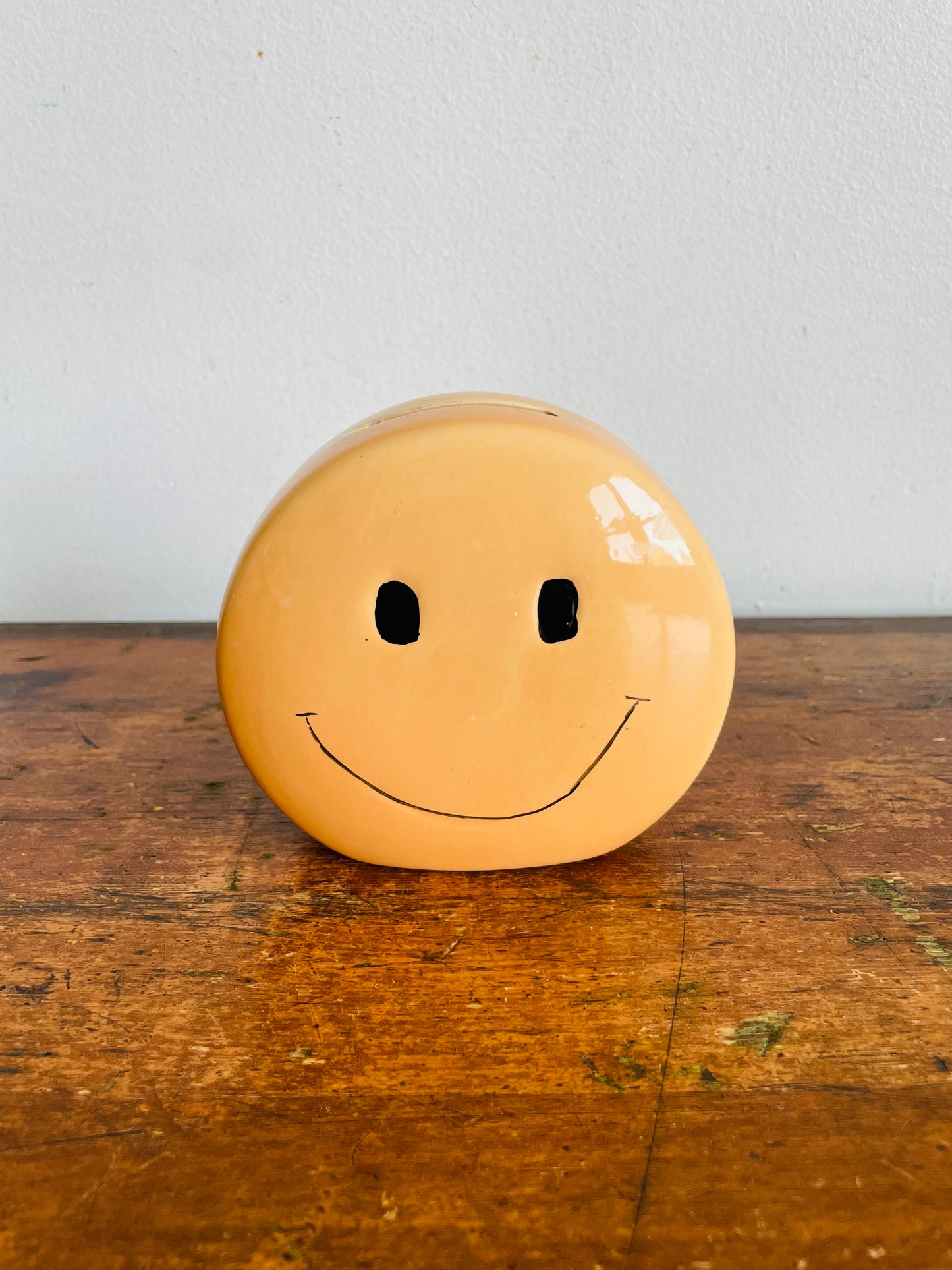 Vintage Pale Orange Smiley Happy Face Money Coin Piggy Bank