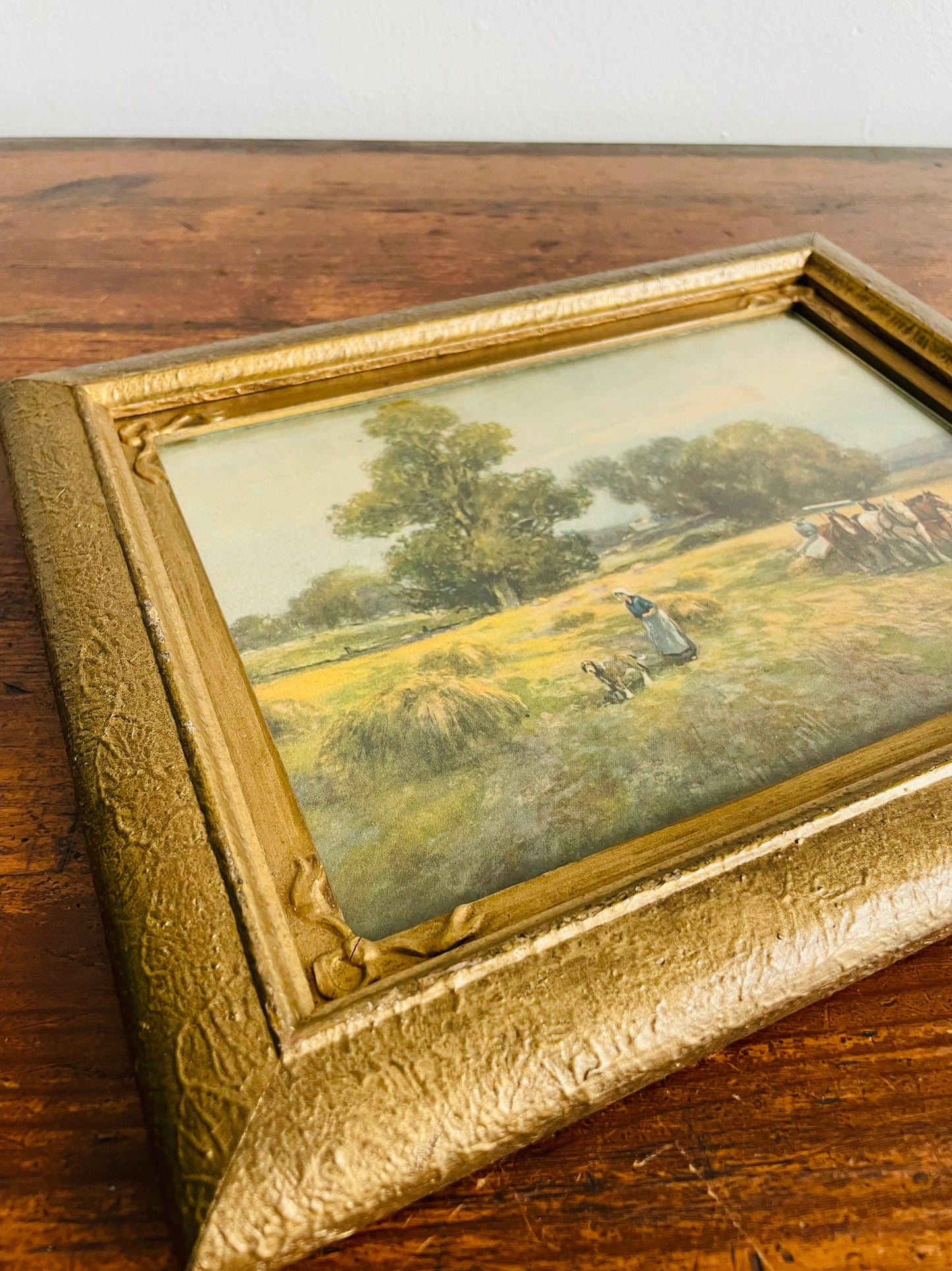 Framed Country Scene Print of People in Wheat Field with Dog & Plough Horses