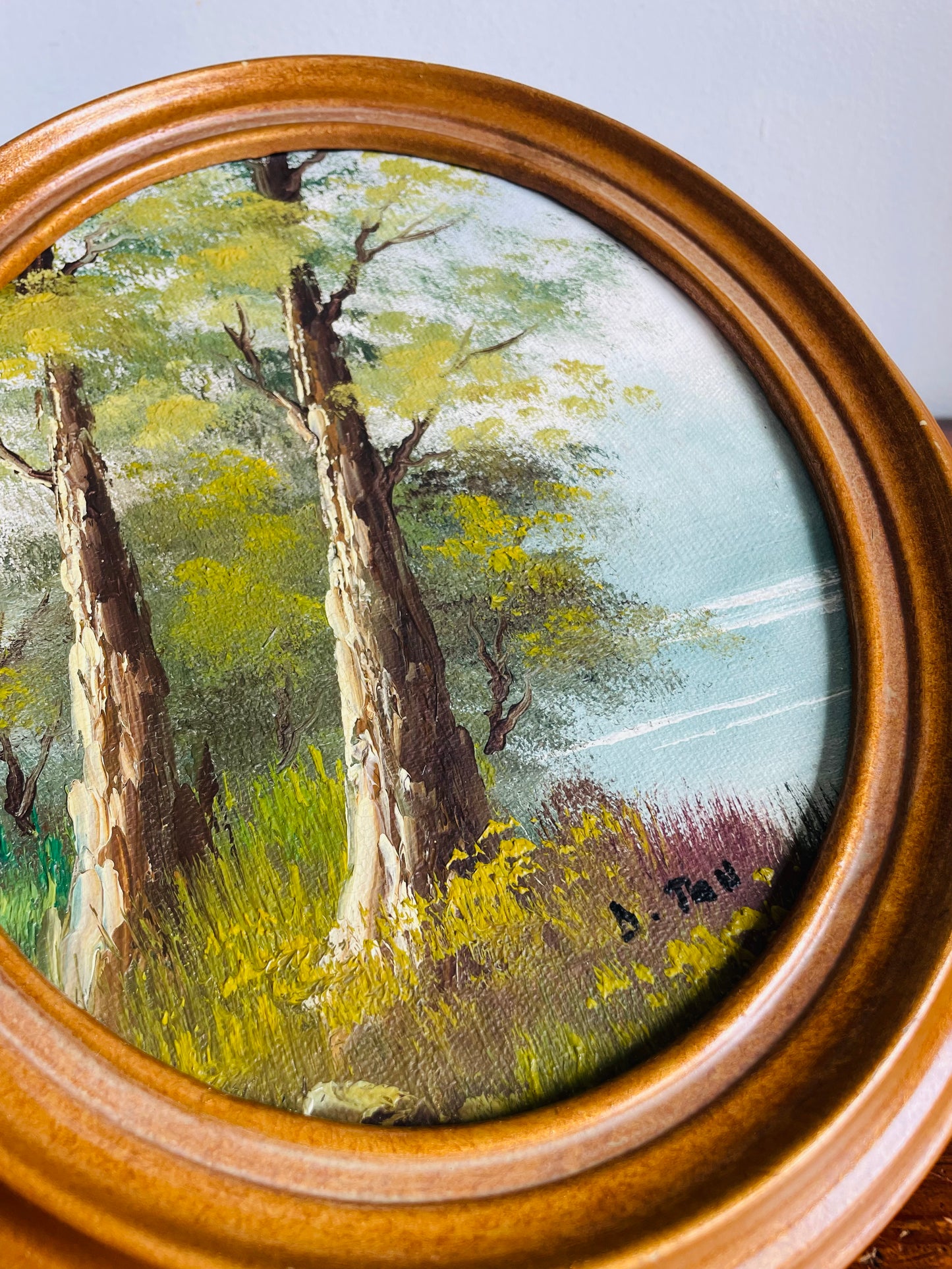 Vintage Original Art Painting of Tree Forest Scene Beside Lake in Oval Frame - Artist Signed