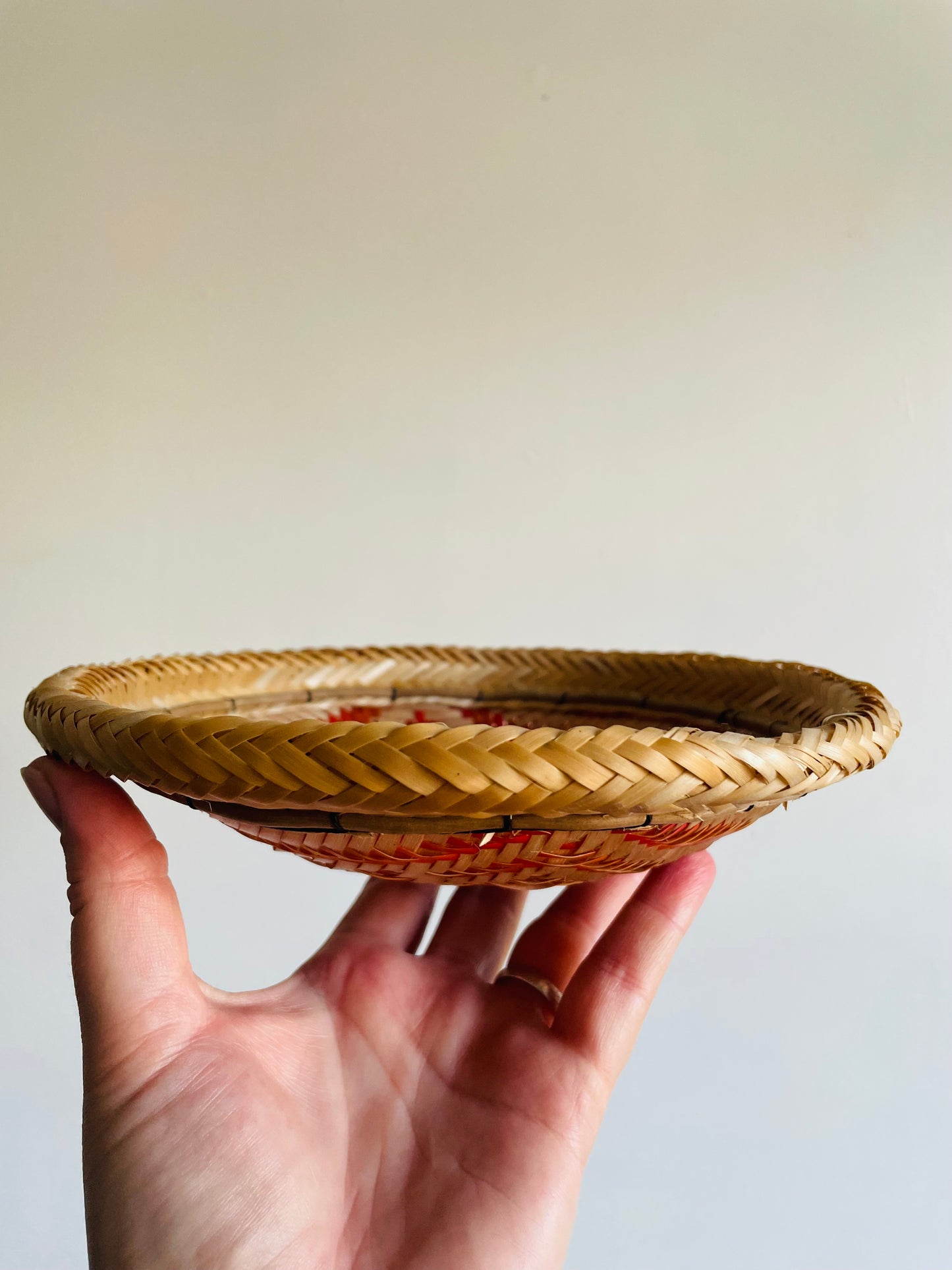 Woven Basket Bowl or Wall Hanging with Orange Design