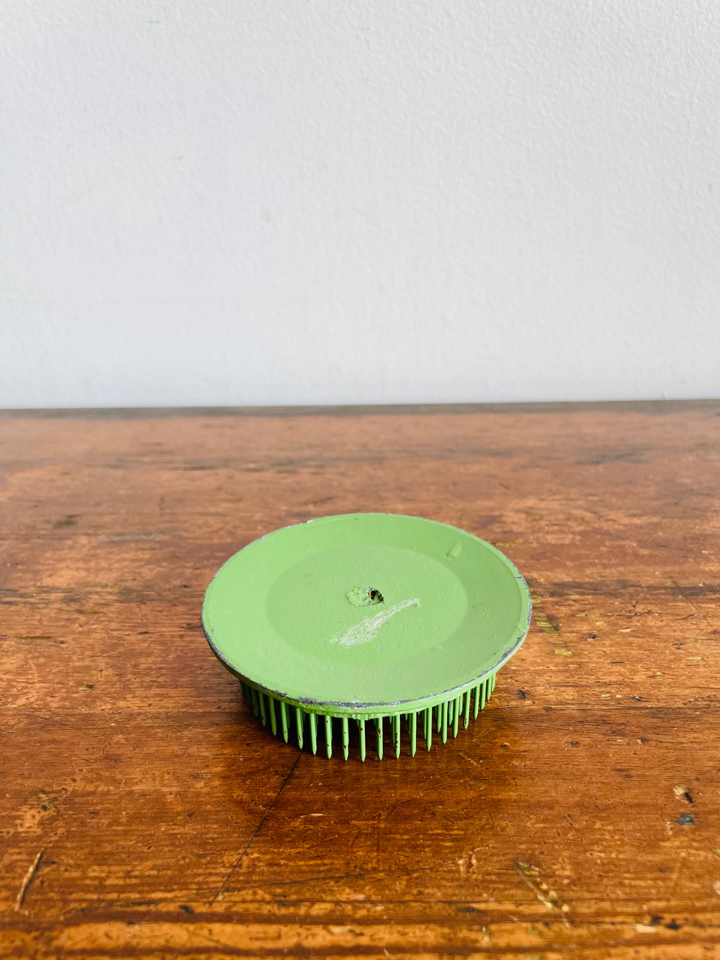 Round Green Metal Spiked Flower Frog - Ikebana Vase Style - Also Holds Pictures, Memos, Etc.