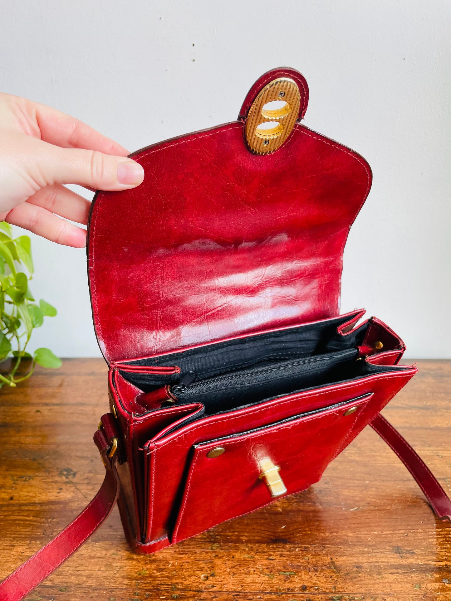 Vintage Marchino Burgundy Colour Crossbody Strap Purse with Brass Gold Hardware