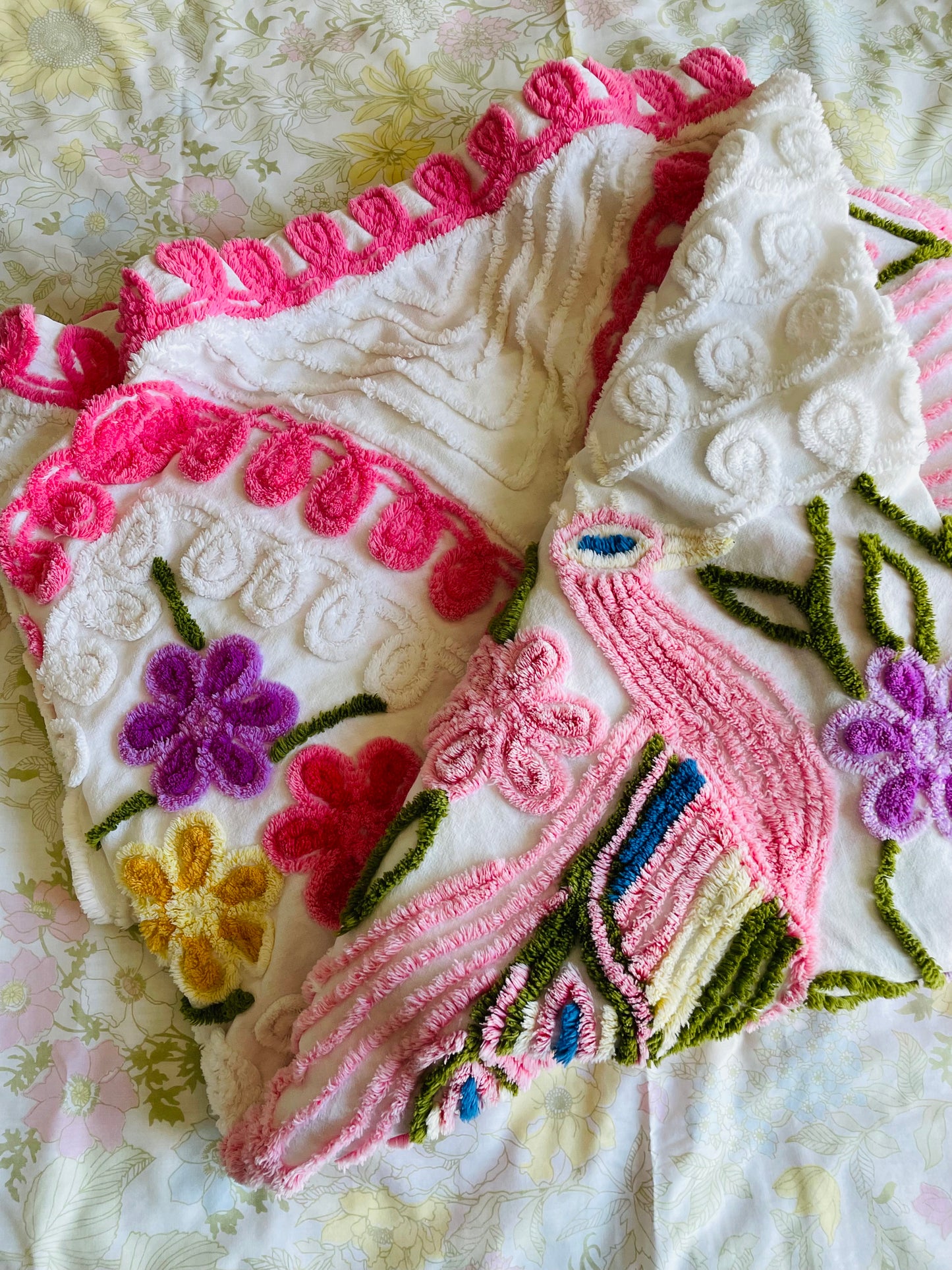 Stunning Chenille Bedspread Blanket with Bright & Colourful Double Peacock & Flower Design