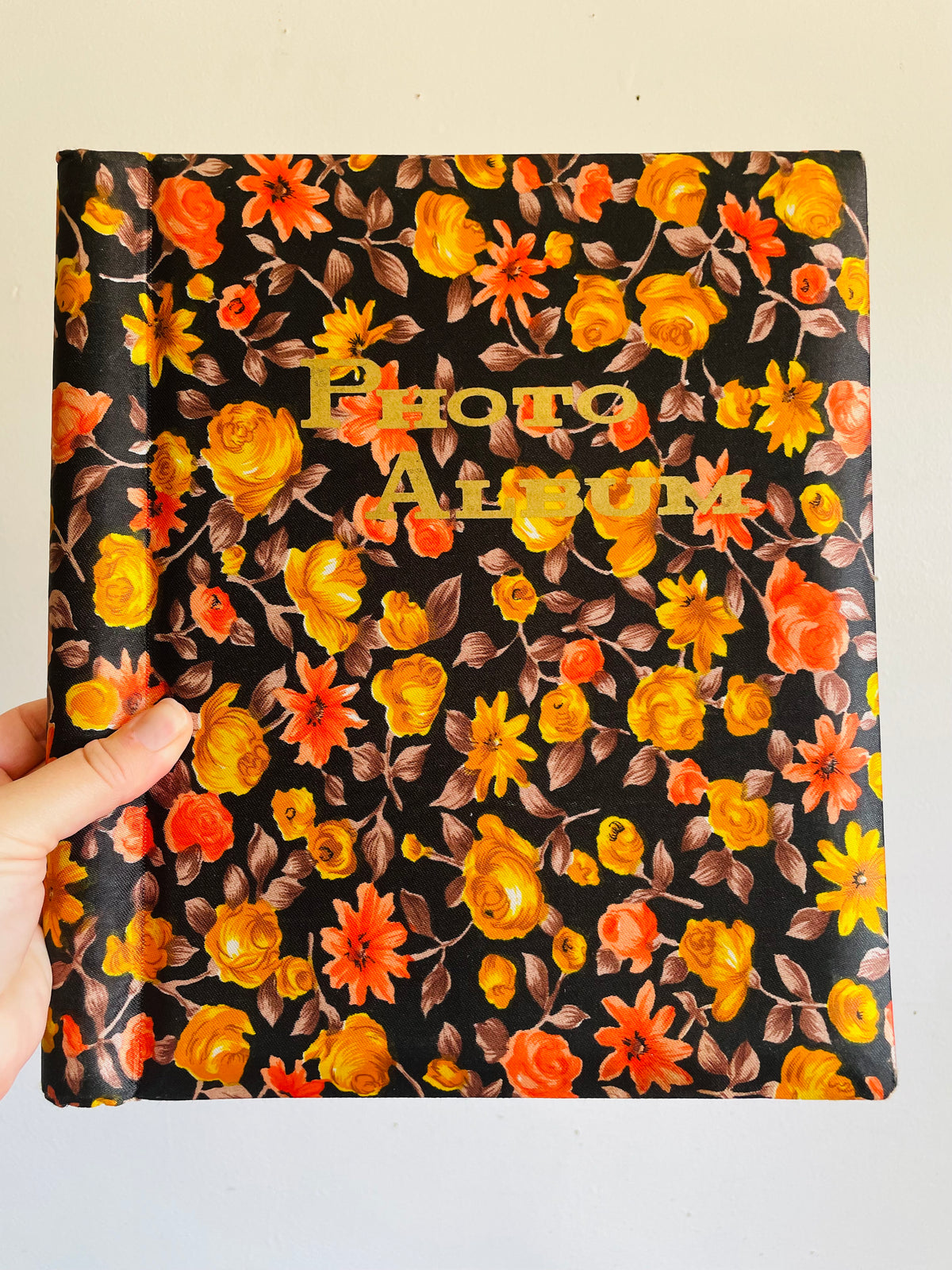 Vintage Groovy Floral Photo Album Scrapbook With Brown, Orange & Yellow Flower Design Fabric Cover