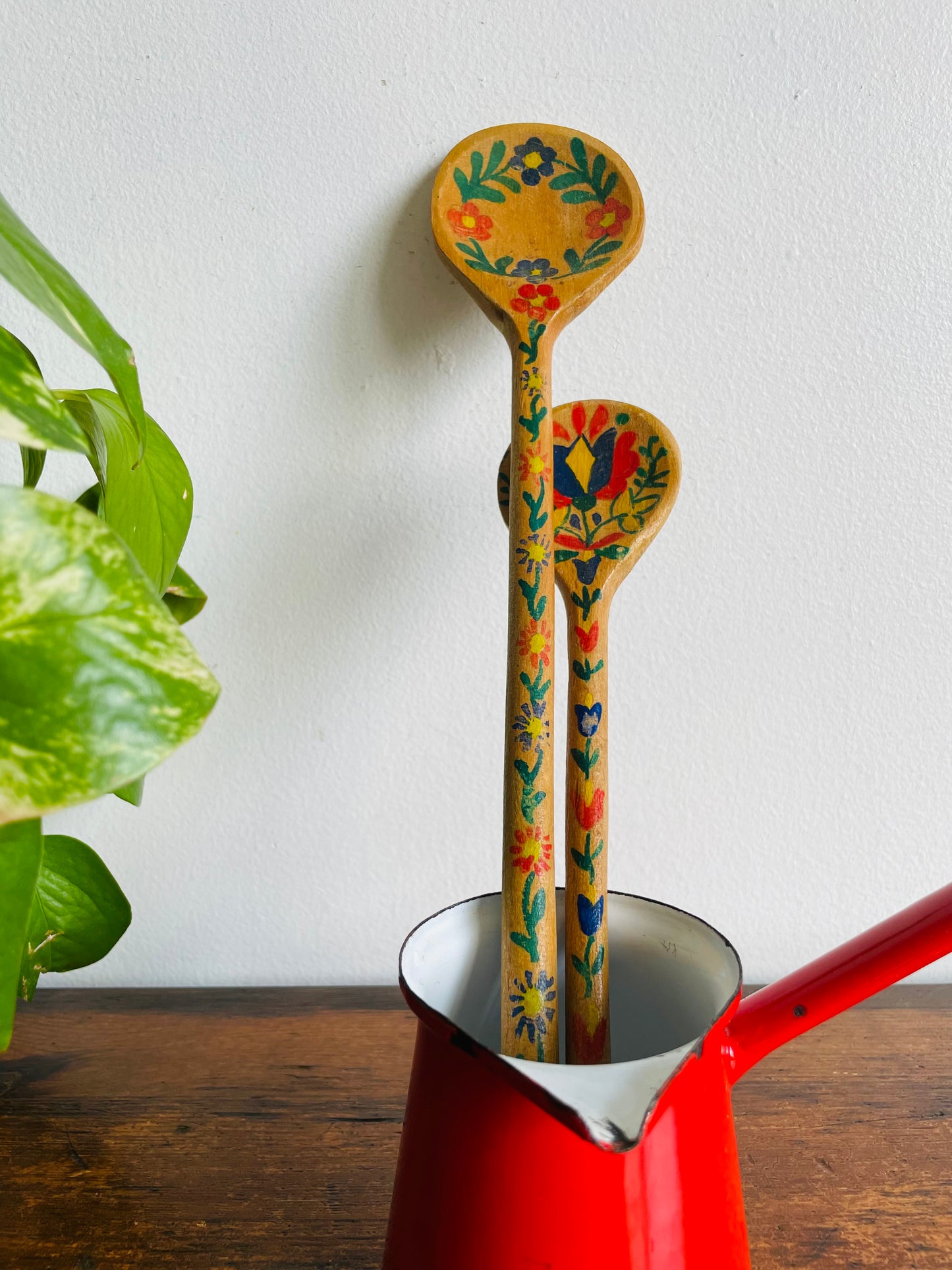 Hand Painted Wooden Spoons with Folk Art Flower Design - Set of 2