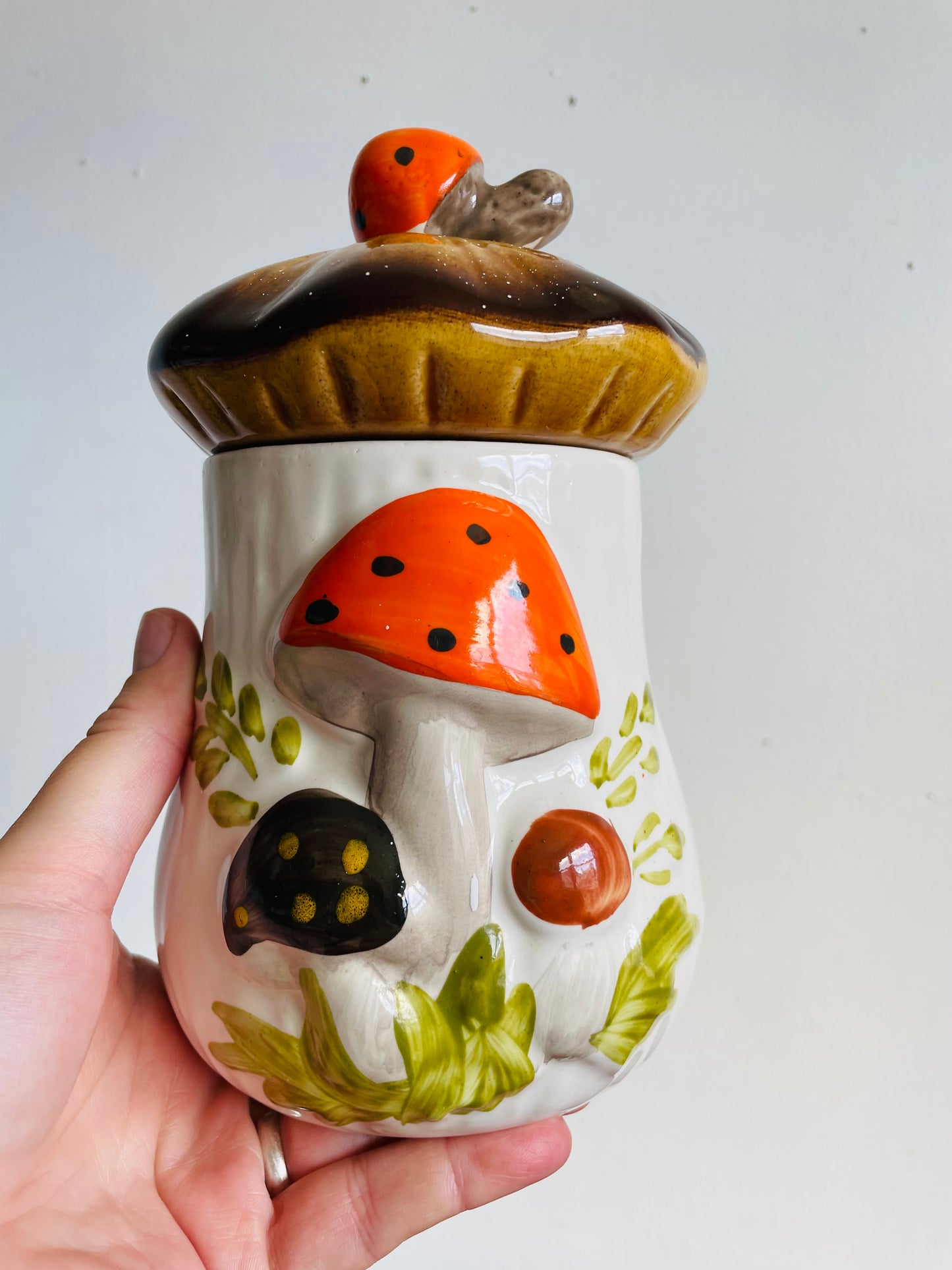 Vintage Medium Laurentian Pottery Merry Mushroom Kitchen Canister Jar with Lid - Made in Canada