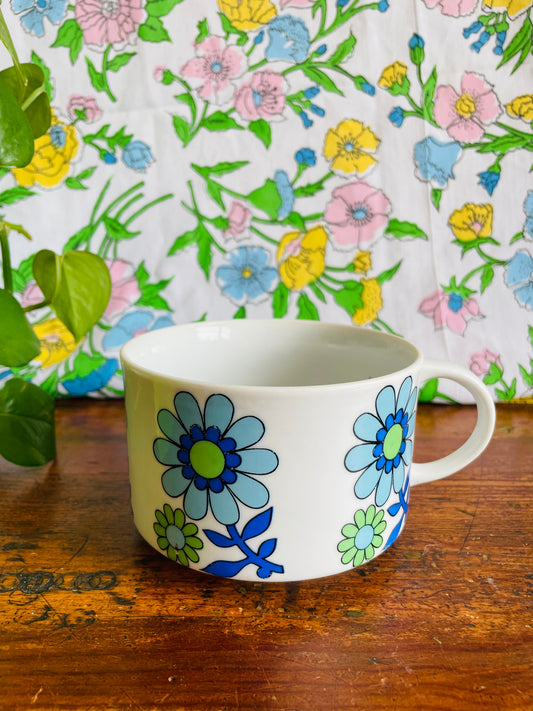 Groovy Soup Bowl with Handle & Blue & Green Flower Power Design - Would Also Make a Great Planter - Made in Japan