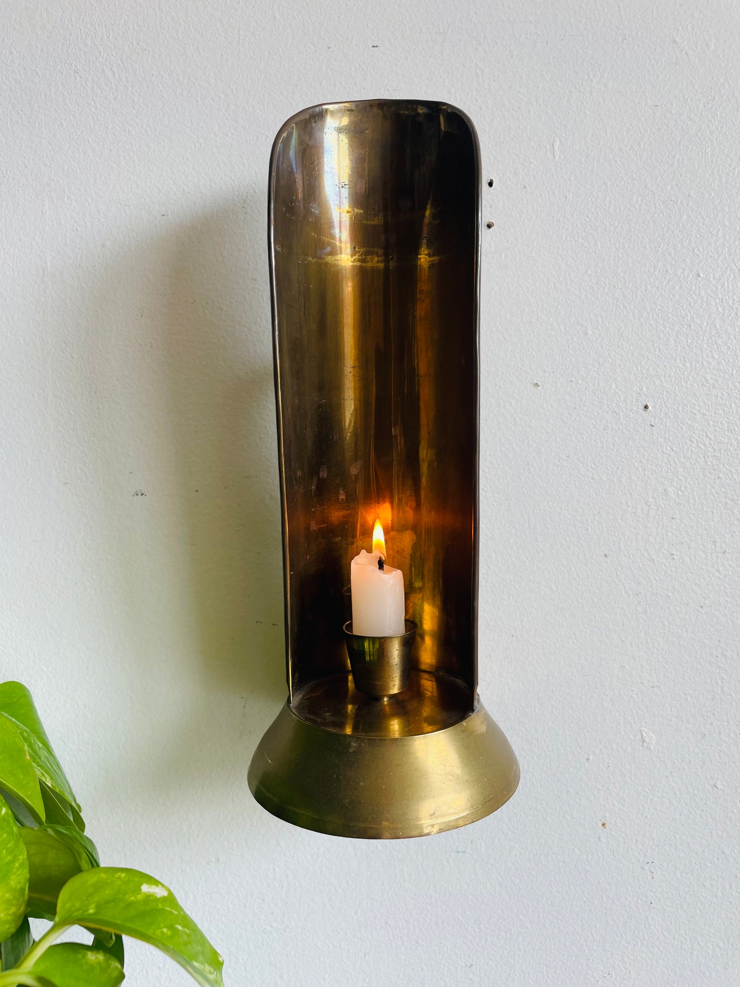Vintage Brass Candle Holder Reflector Sconce - Handle on Back - Can Stand or Hang on Wall - Made in India