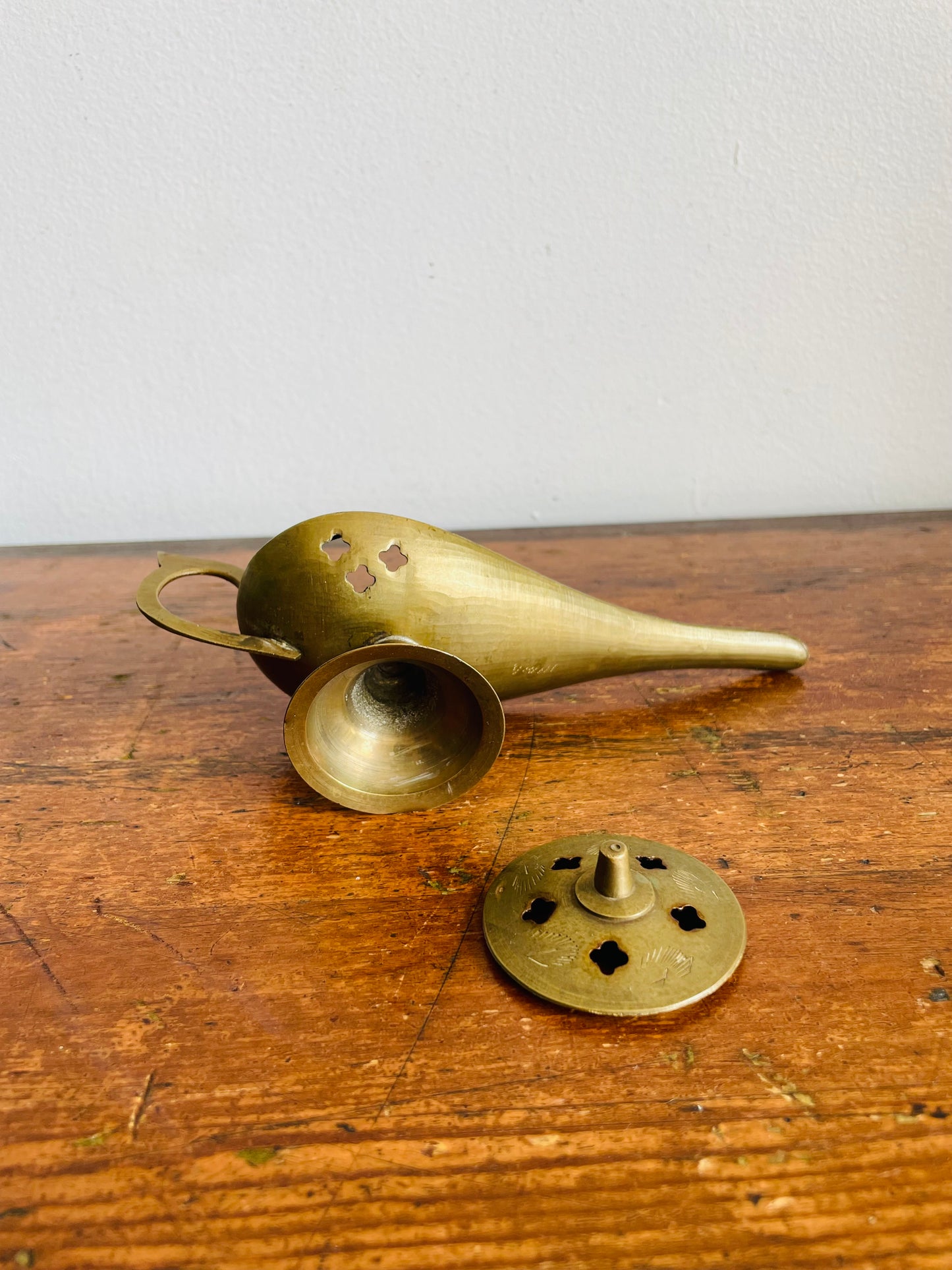 Vintage Solid Brass Aladdin Genie Lamp Cone Incense Burner