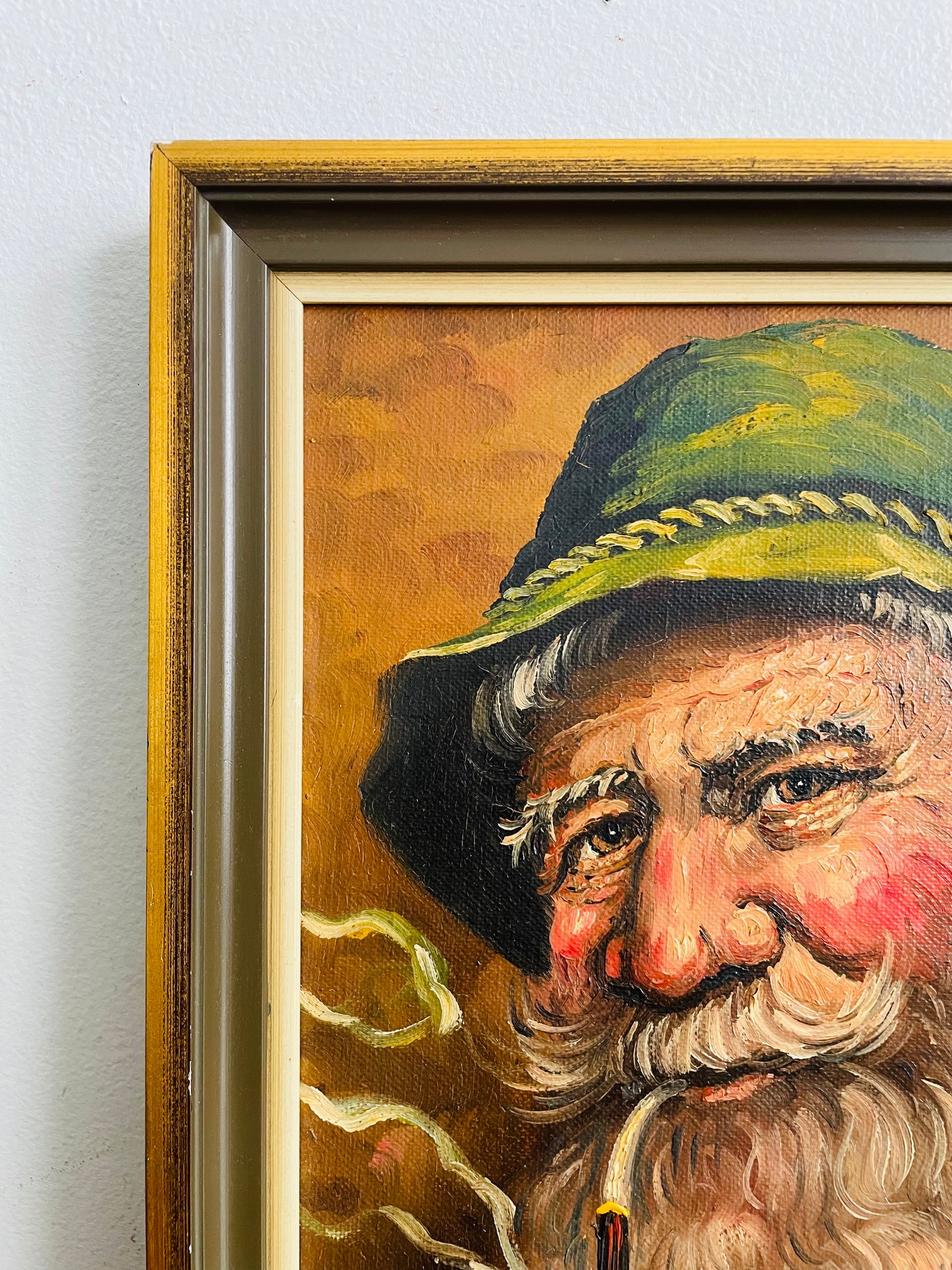 Vintage Original Art Painting Picture - Portrait of a Bavarian Man Wearing a Tyrolean Hat with Feather Plume & Smoking a Pipe