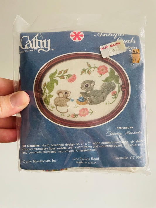 Vintage Brand New Cathy Needlecraft Embroidery Kit in Packaging - Blueberry Treat 3699 - Squirrel & Mouse Sharing Basket of Blueberries with Flowers