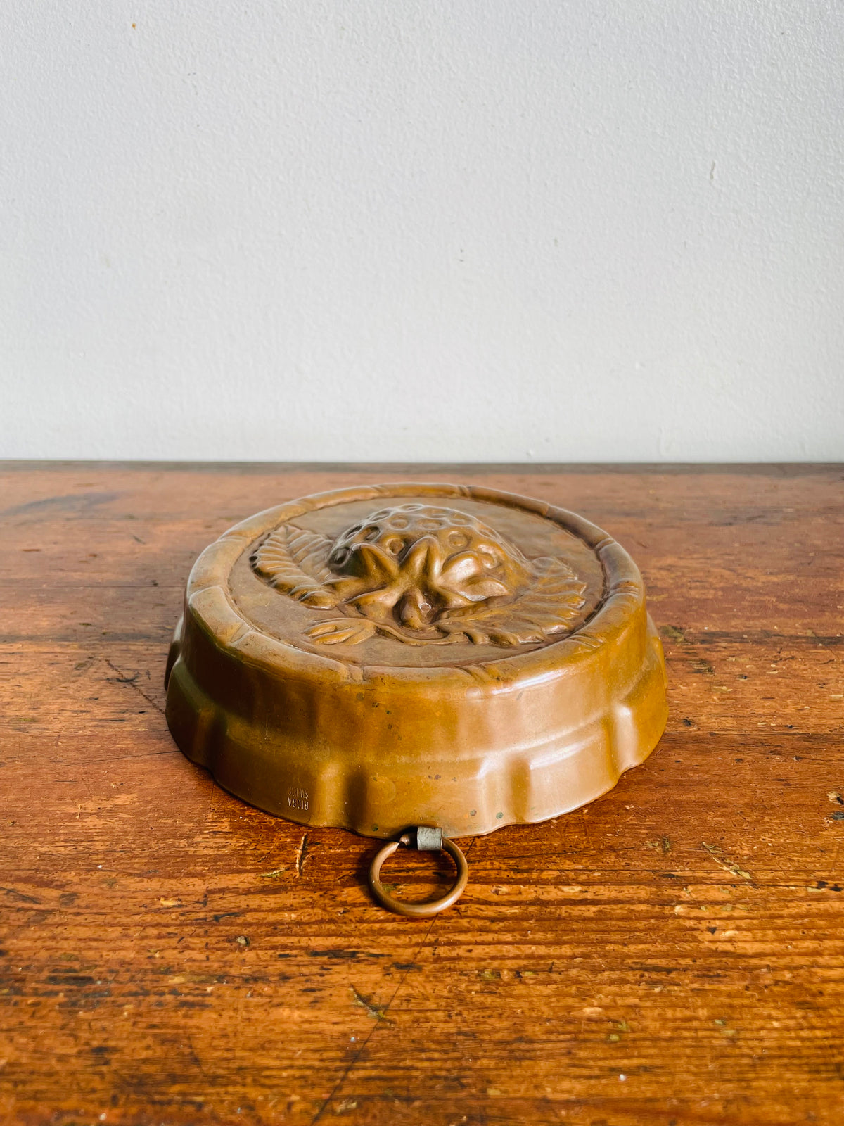 Vintage Solid Copper Round 6" Jelly Mold Wall Hanging with Botanical Raspberry Fruit Design