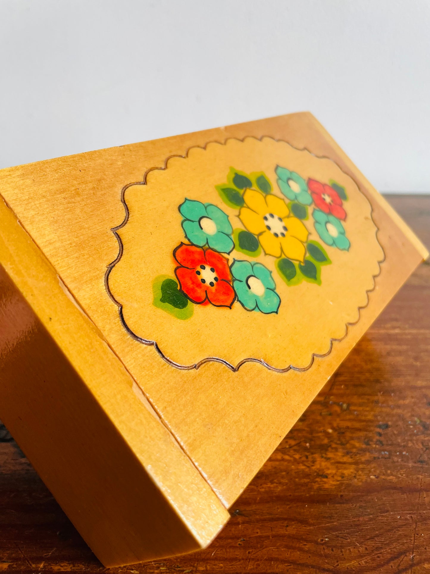 Russian Folk Art Wood Jewellery Box with Hinged Lid & Hand Painted Flower Design