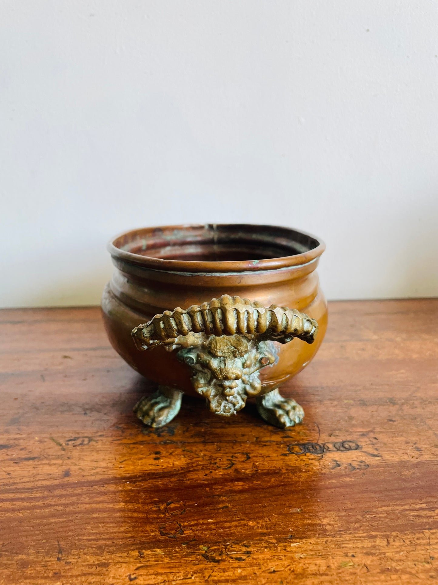 Antique Copper Jardiniere Planter Trough Pot Tub with Brass Lion Handles & Claw Feet