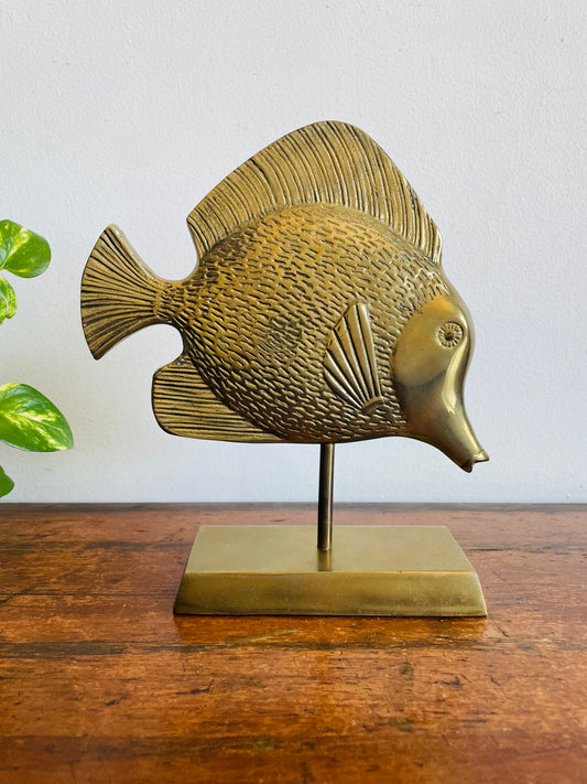 Vintage Solid Brass Tropical Tang Fish Statue on Stand - Made in Korea