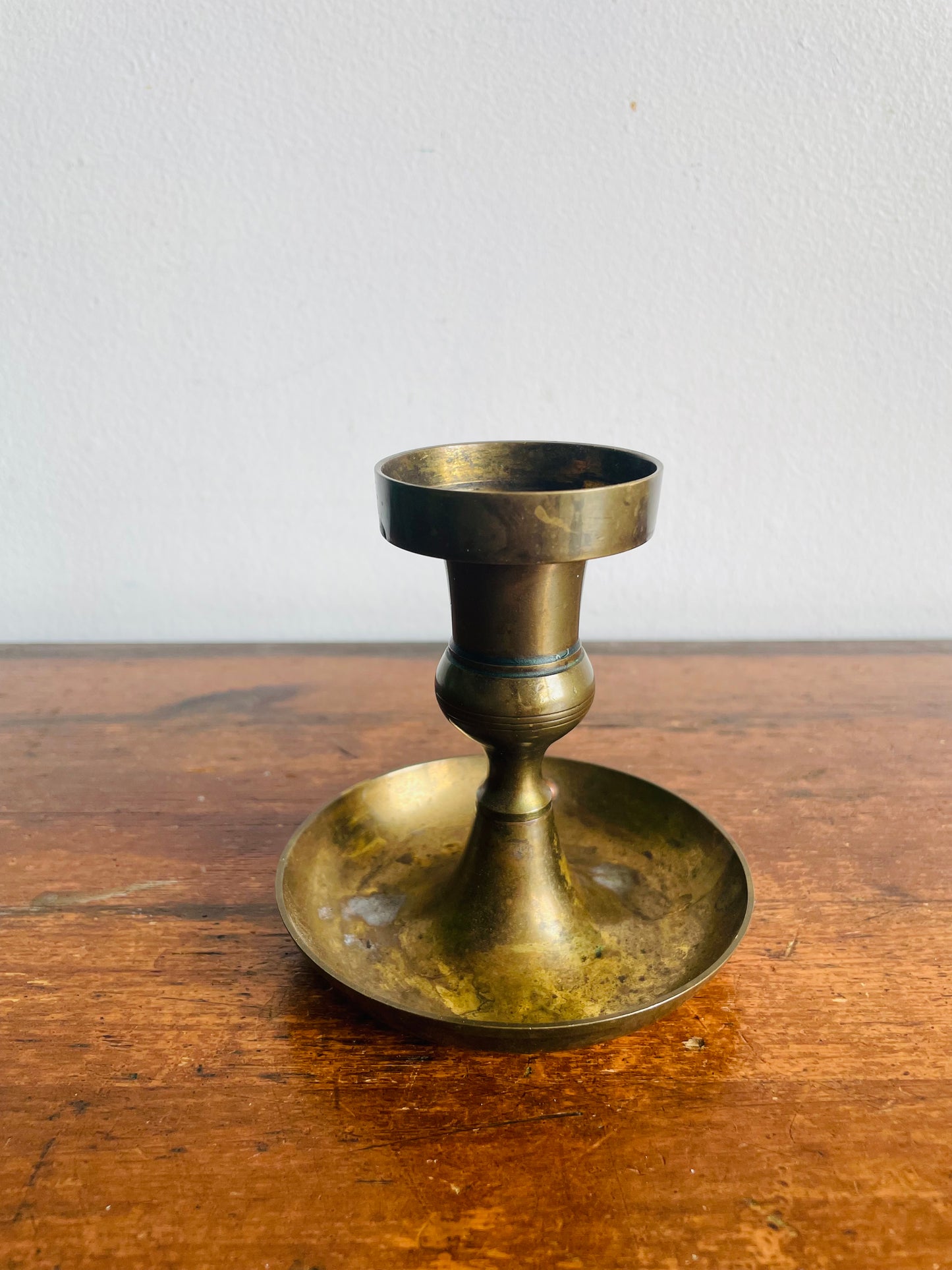 Vintage Solid Brass Chamberstick Candle Holder with Aged Patina