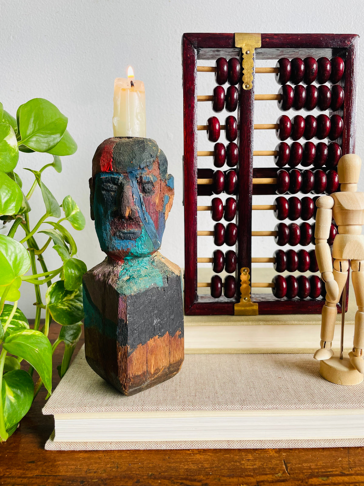 Vintage Hand Carved & Painted Wood Sculptural Head Figure Candle Holder - Found in the Workshop of Fort Erie Artist Estate