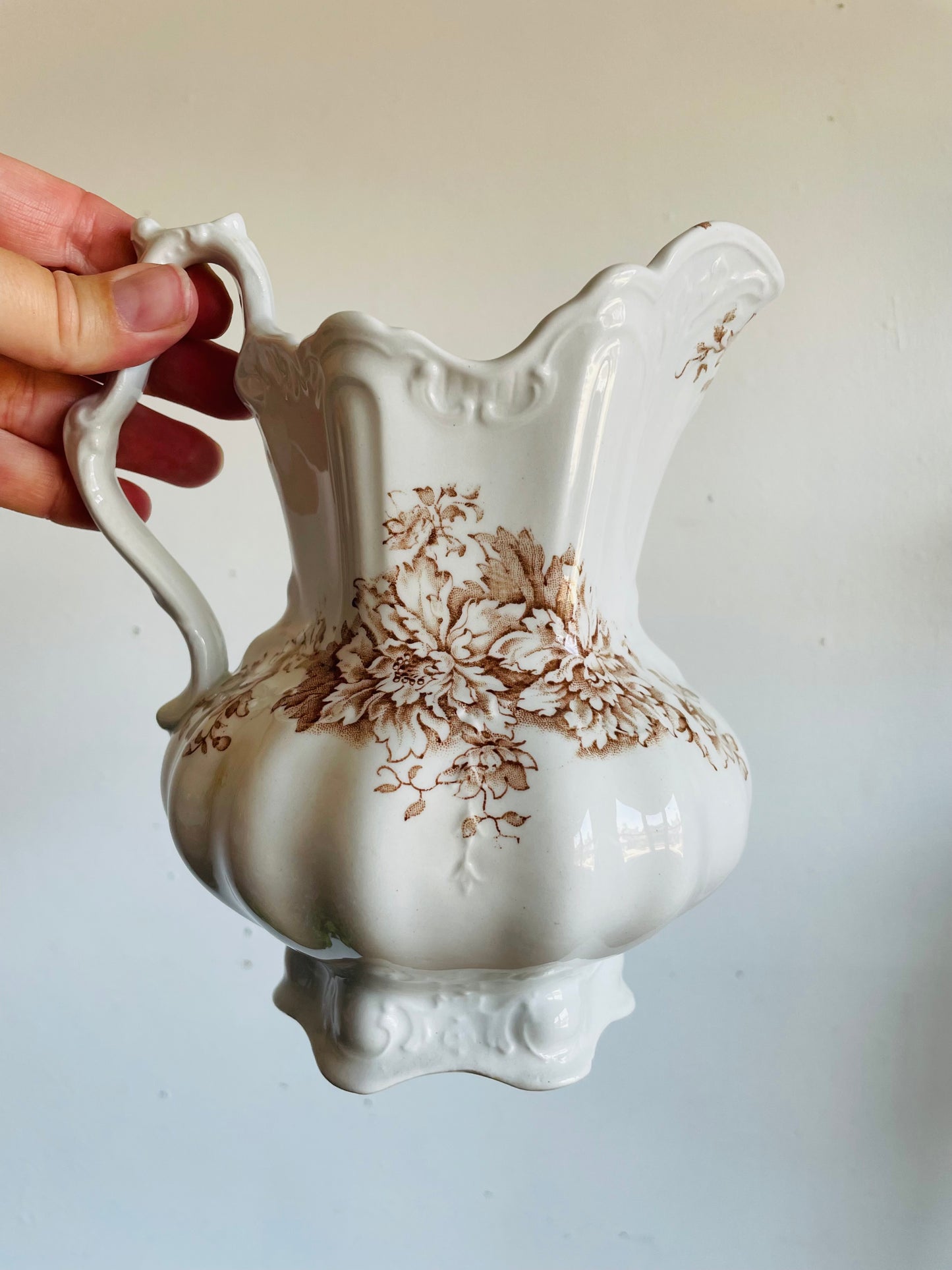 Vintage White & Brown Transferware Vase Pitcher with Ornate & Floral Pattern