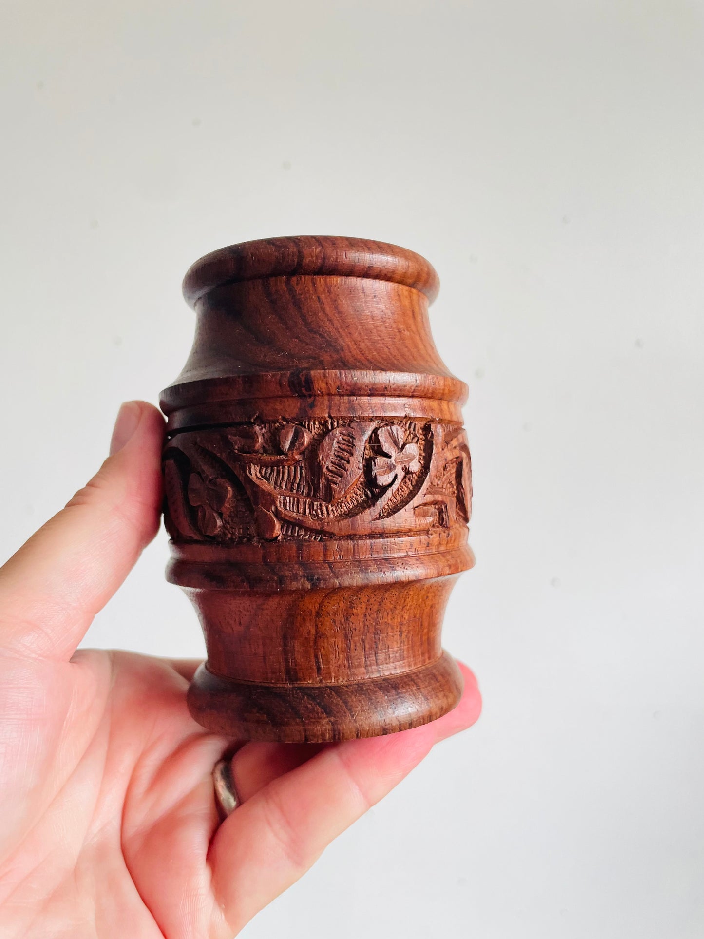 Vintage Carved Indian Rosewood / Sheesham Wood Cup Holder or Bud Vase - Great for Incense, Makeup Brushes, Dried Flowers, Pencils, Etc.
