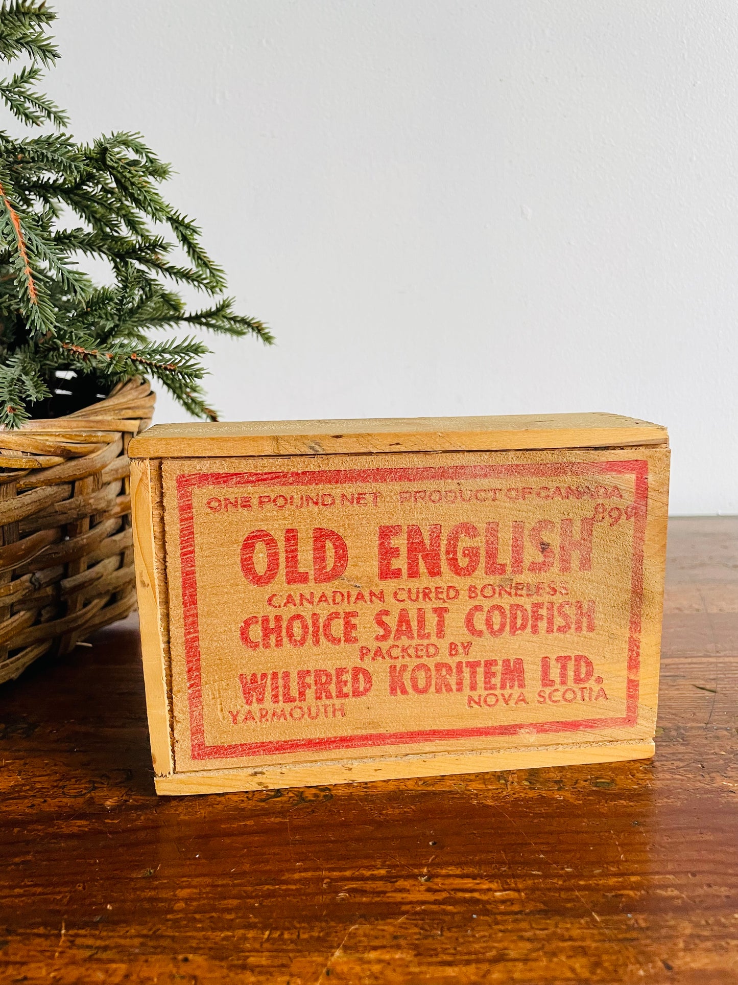 Old English Choice Salt Codfish Wood Box with Sliding Lid - One Pound Net - Packed by Wilfred Koritem Ltd. Yarmouth Nova Scotia