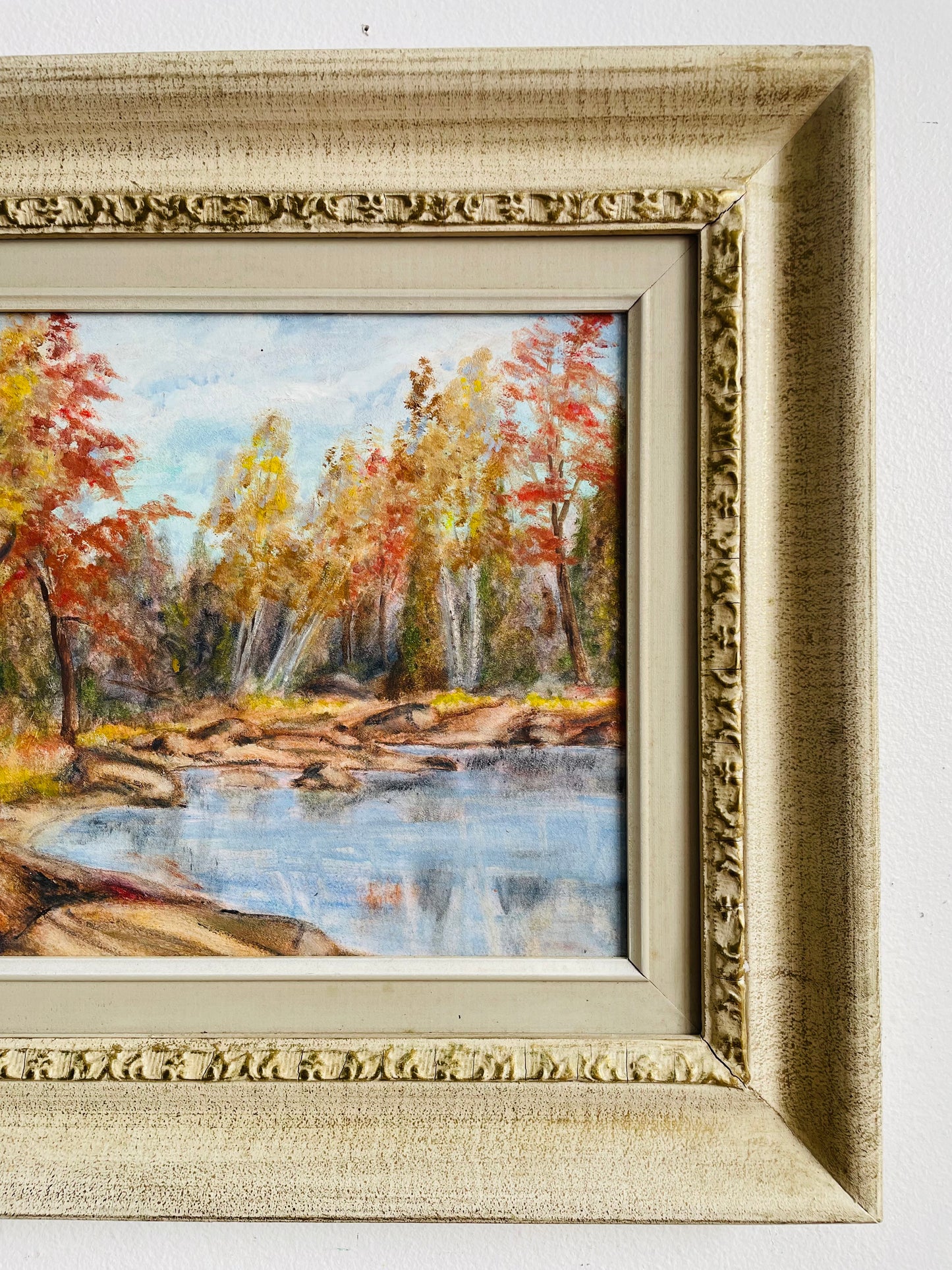 Vintage Original Art Painting Picture in Gold & White Wood Frame - Hudson Point on Lake Muskoka - Artist Signed