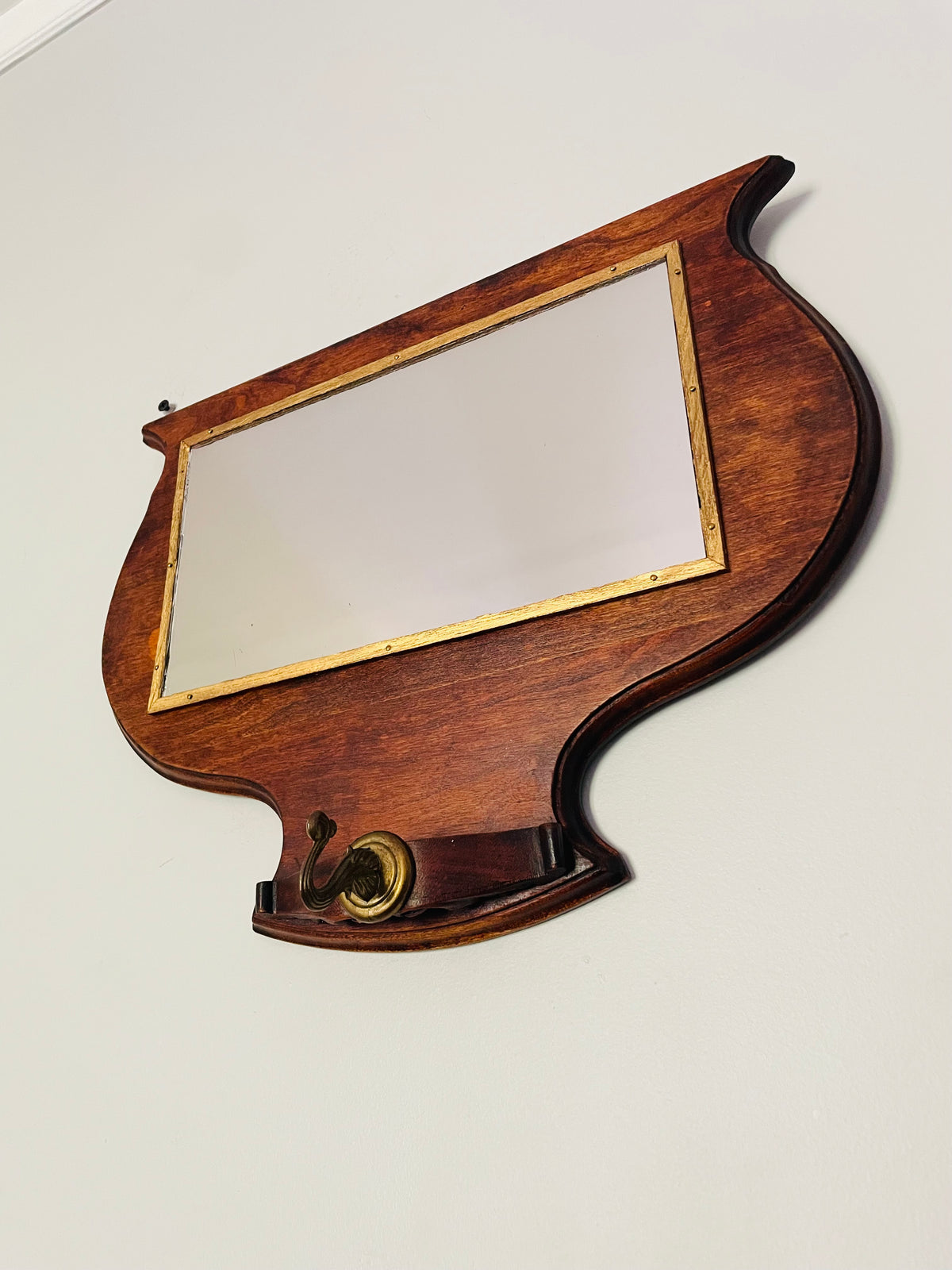 Vintage / Antique Wood Mirror with Gold Trim & Brass Hook for Hanging Items