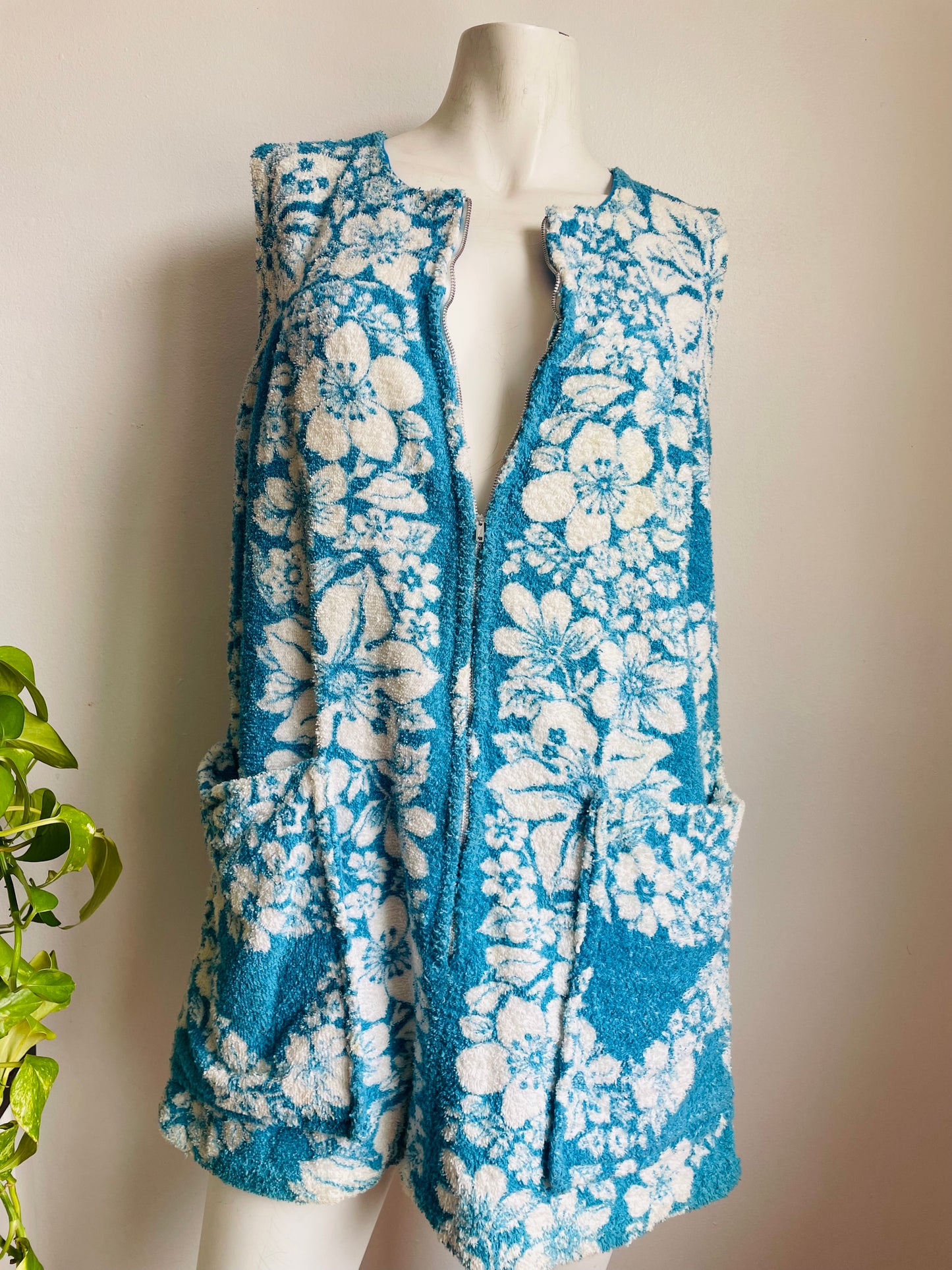 Zippered Terry Cloth Towel Dress or Beach Cover-Up with Pockets & Blue & White Tropical Hibiscus Flower Design