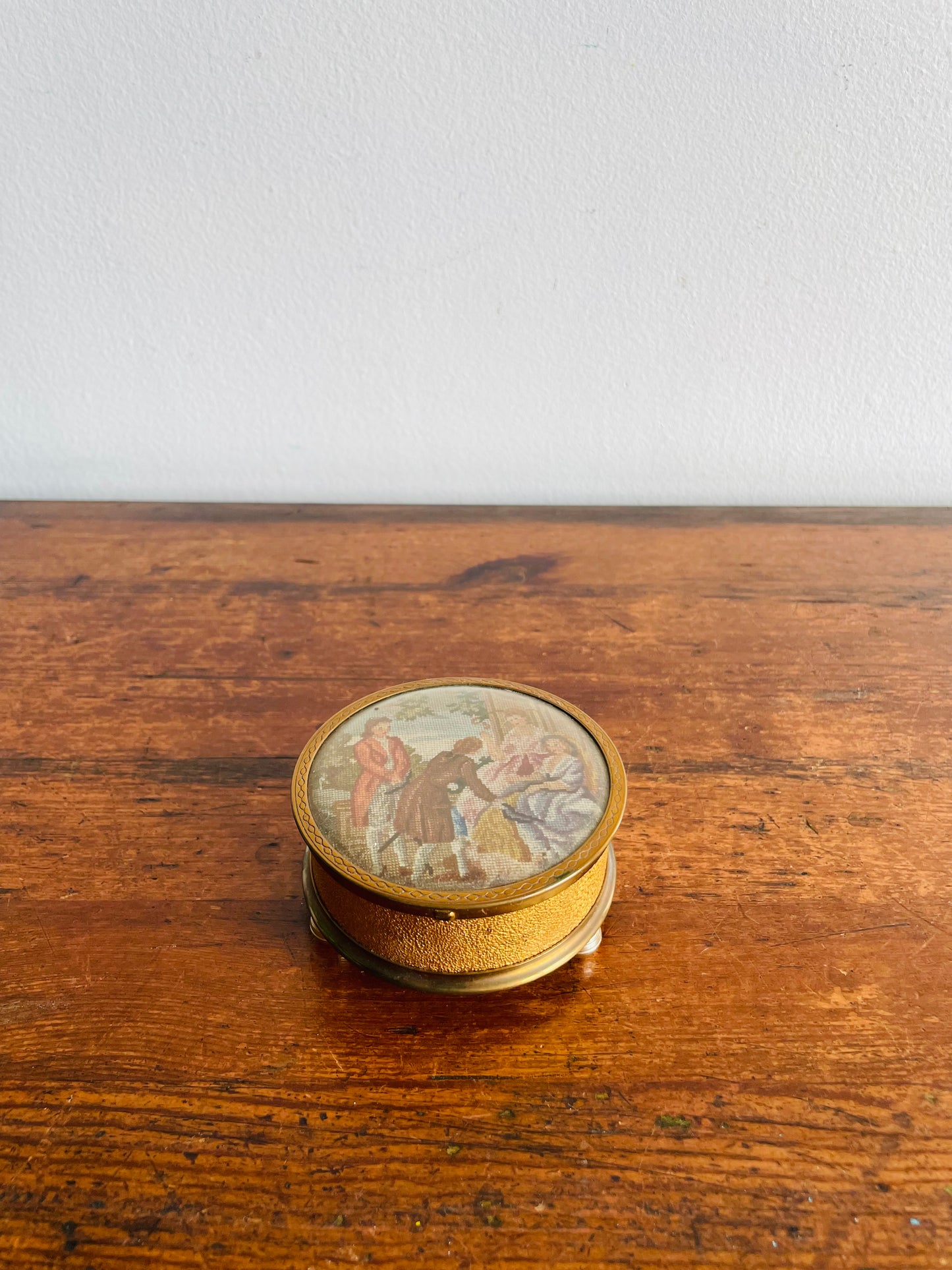 Footed Petit Point Embroidery Round Brass Trinket or Jewellery Box with Mirror Inside