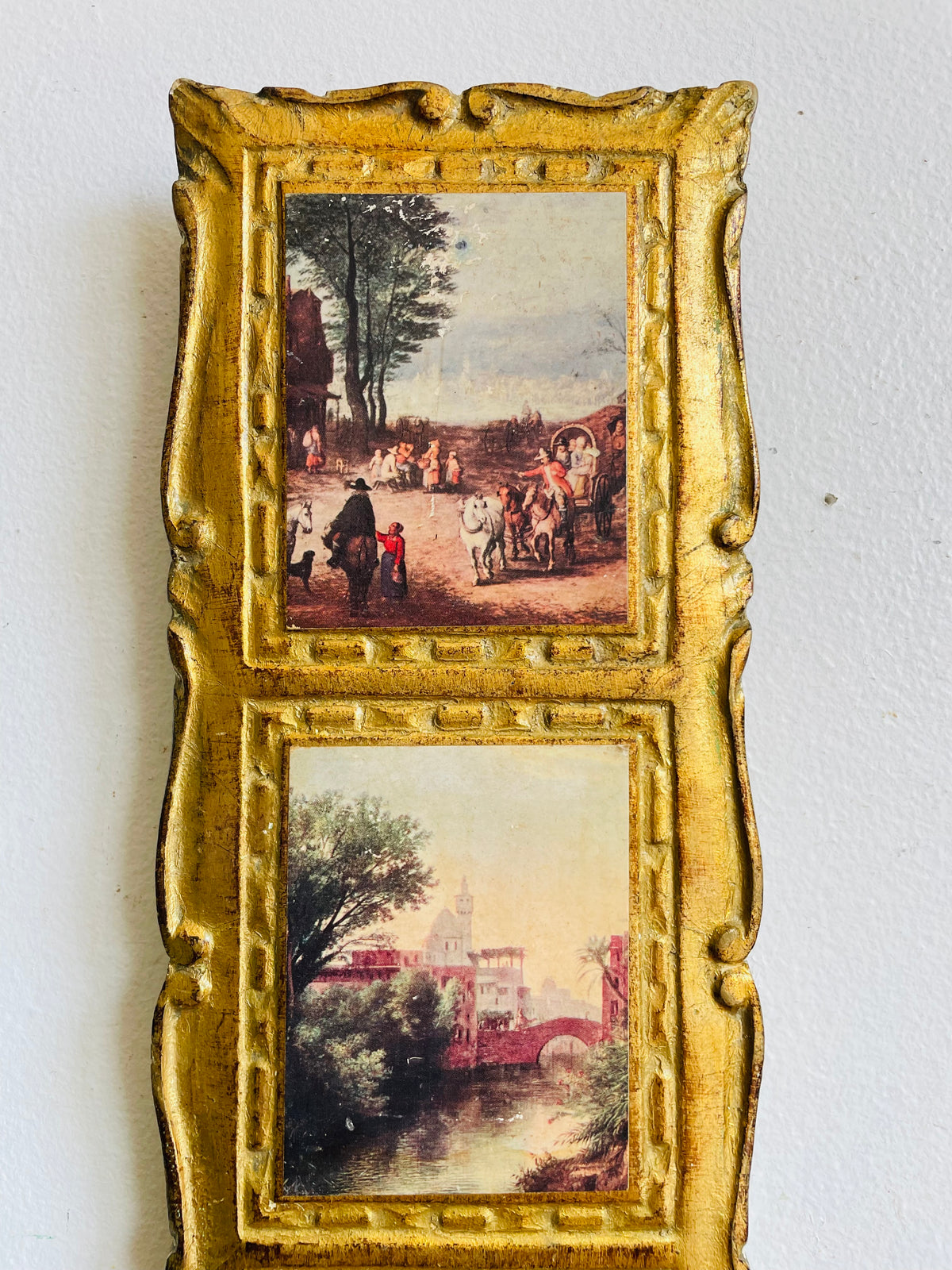 Vintage Italian Florentine Gold-Gilt Triple Landscape Wall Plaque Picture with European Art Print Scenes