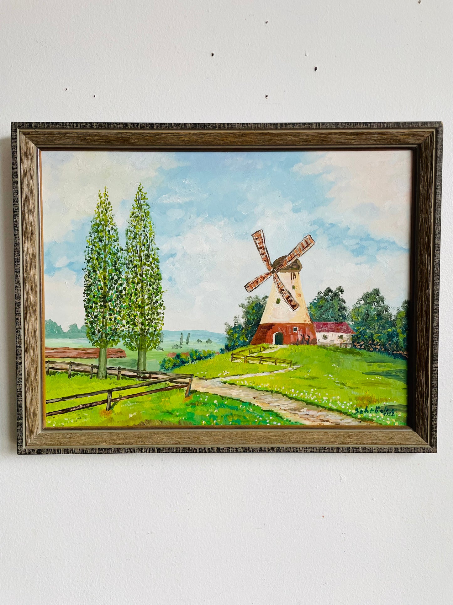 Vintage 1982 Original Art Painting of Dutch Countryside Scene - Green Grass Meadow & Windmill Cottage - Artist Signed