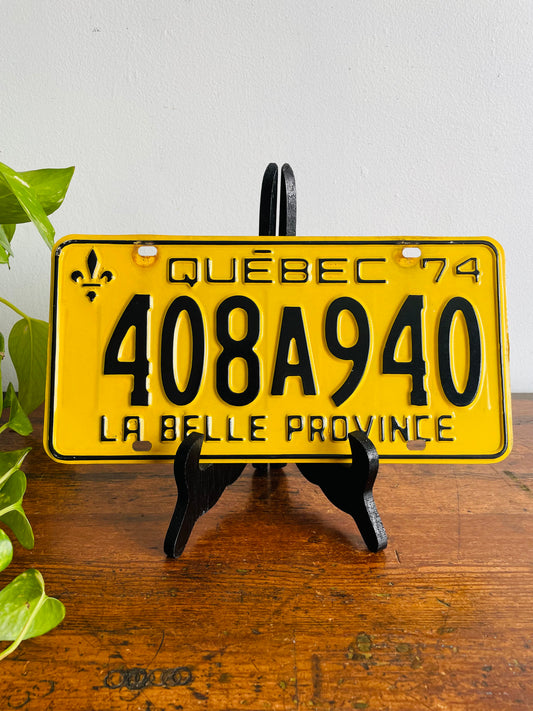 1974 Quebec Yellow & Black Metal License Plate - La Belle Province