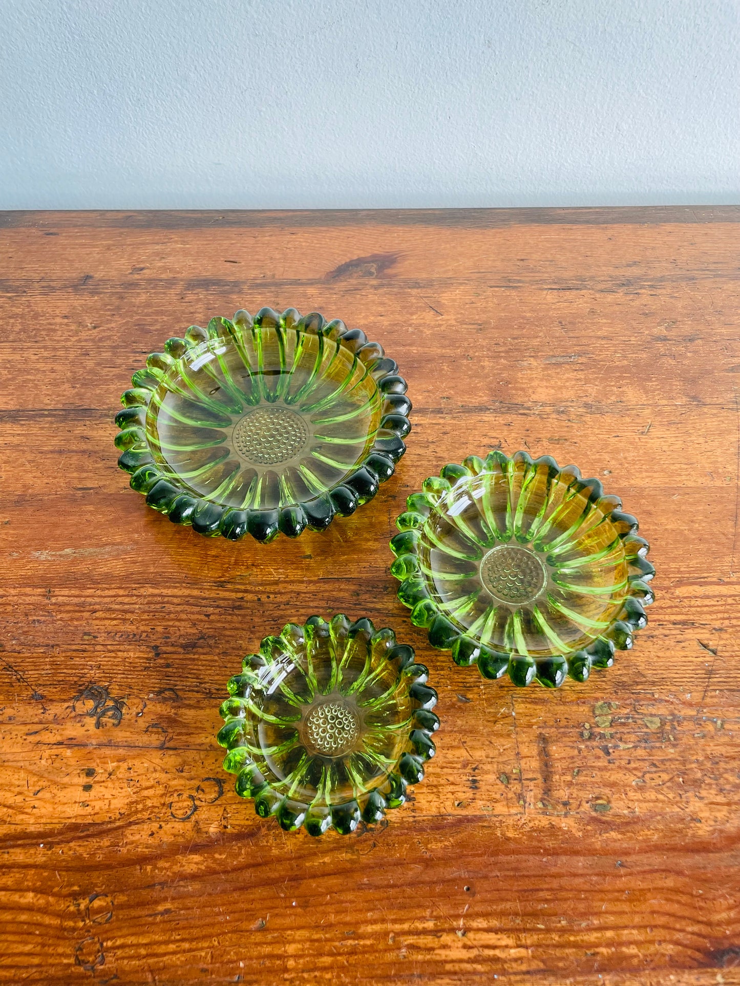 Hazel Atlas Green Glass Nesting Flower Ashtrays or Trinket Dishes in Solid Brass Holder - Set of 4 Pieces