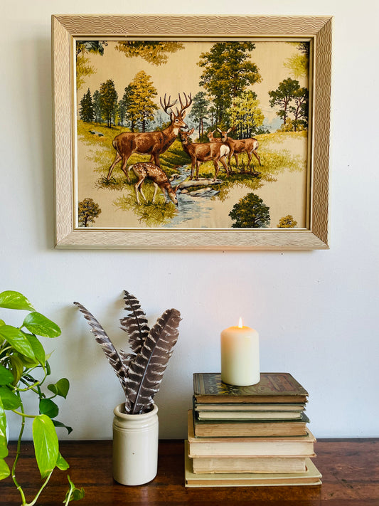 Raised 3D Fabric Picture of Deer Family in Forest Along Stream