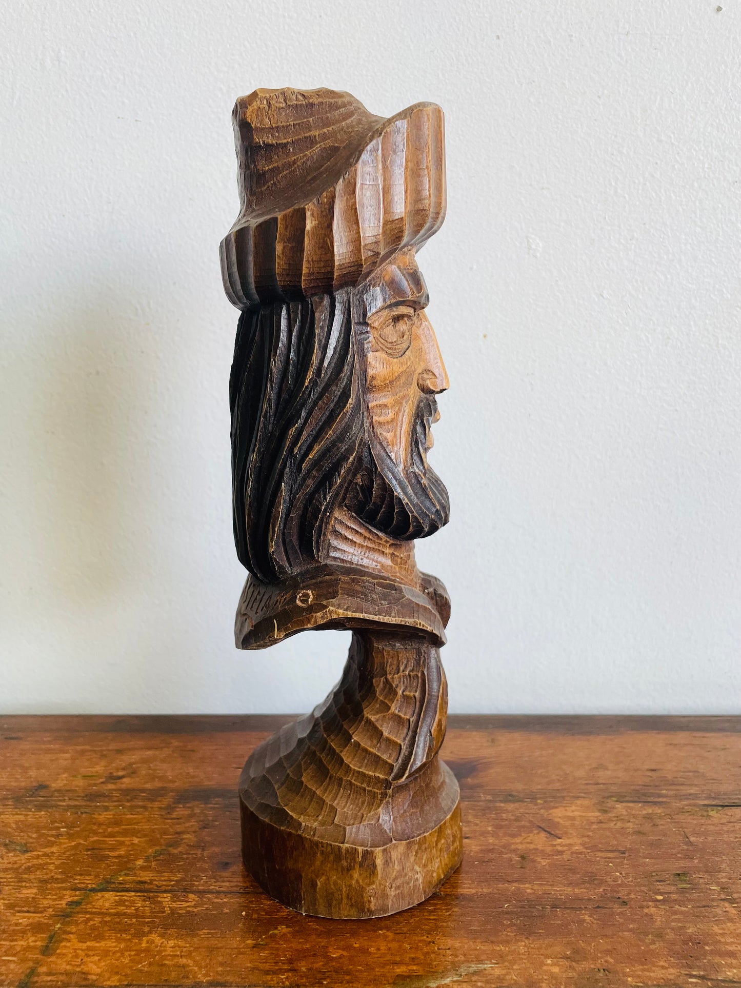 Vintage Hand Carved Wood Folk Art Bust Statue of Man - Artist Signed by J. Castelano