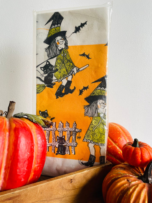 Brand New Vintage in Original Packaging - Halloween Tablecloth with Adorable Witch, Black Cat, & Bat Design - Party Papers by Pakay - Gibson Greeting Cards Made in USA - 60" x 102"