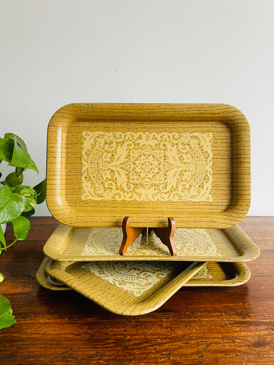 Faux Wood & Doily Design Tin Metal Individual Serving Trays - Set of 4