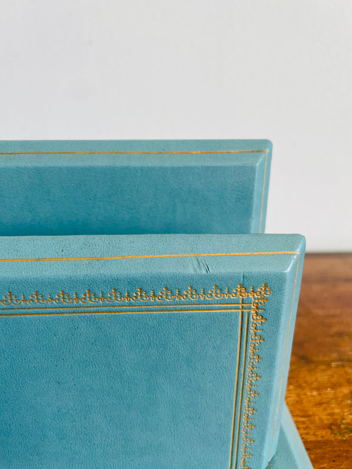 Vintage C.P. Leathercrafts New York Blue & Gold Leather Office Desk Organizer / Mail Letter Card Holder
